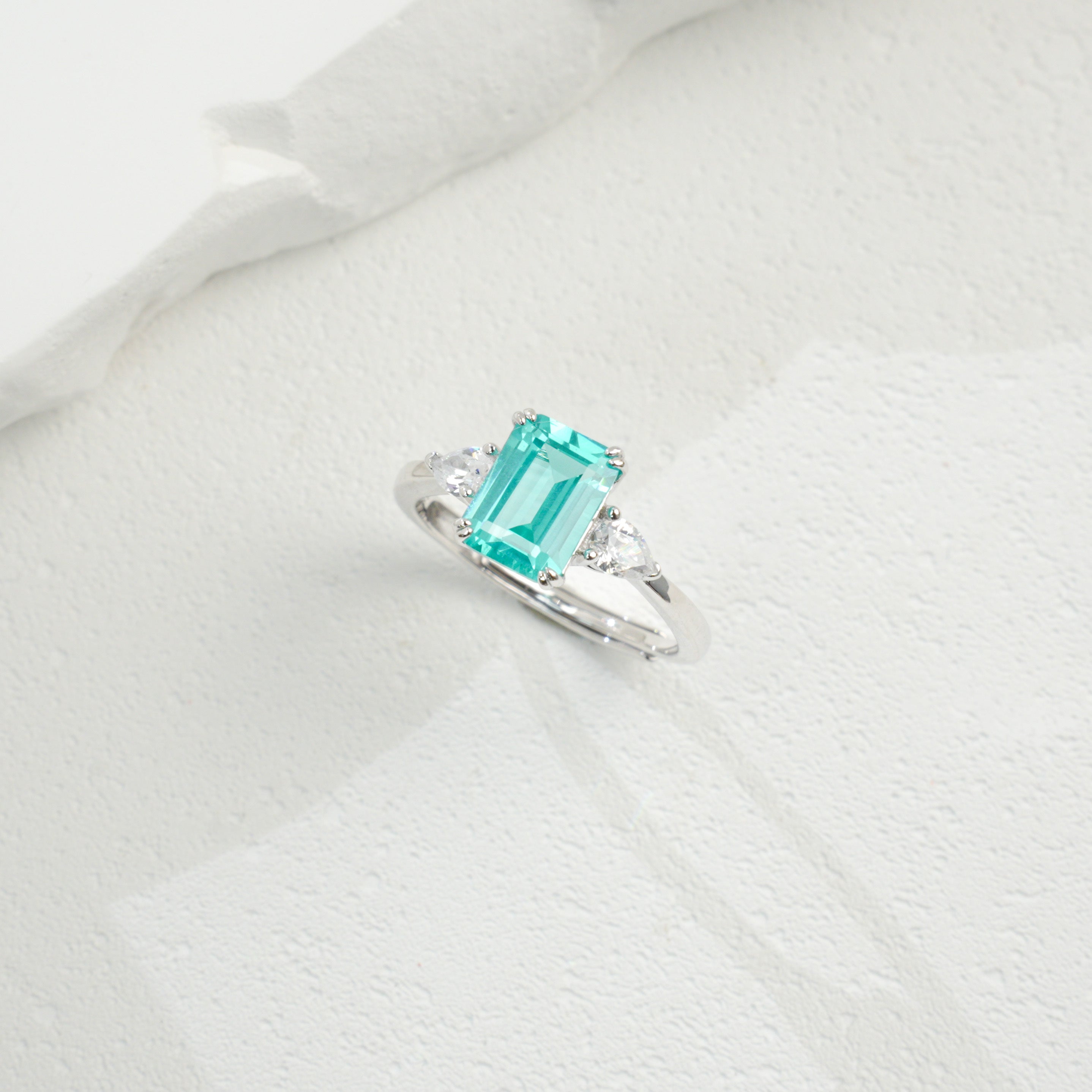 Lab-Grown Paraiba - Square Rippling Aquamarine Side-Stone Ring