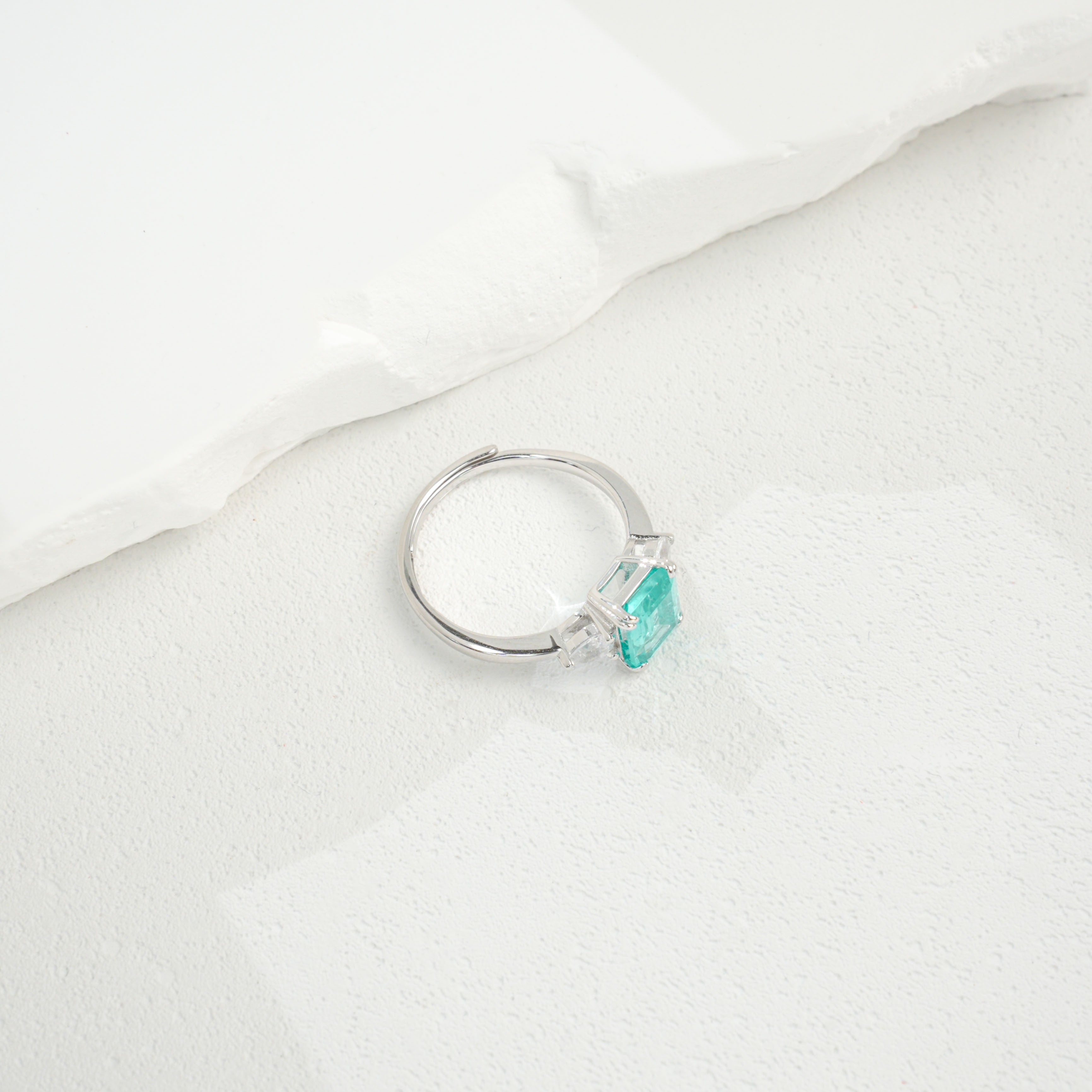Lab-Grown Paraiba - Square Rippling Aquamarine Side-Stone Ring