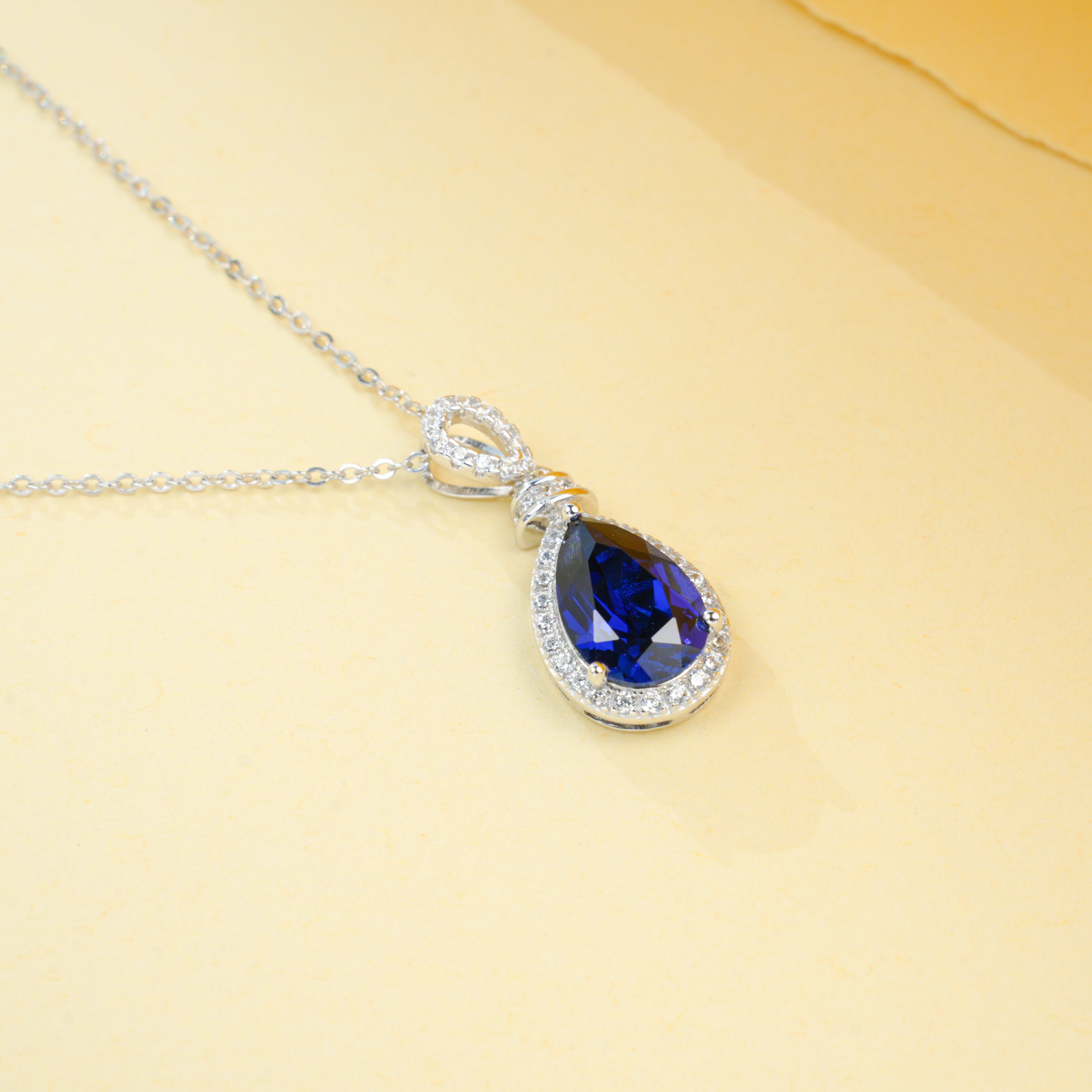 Lab-Grown Sapphire - Teardrop Deep Blue Dangle Necklace