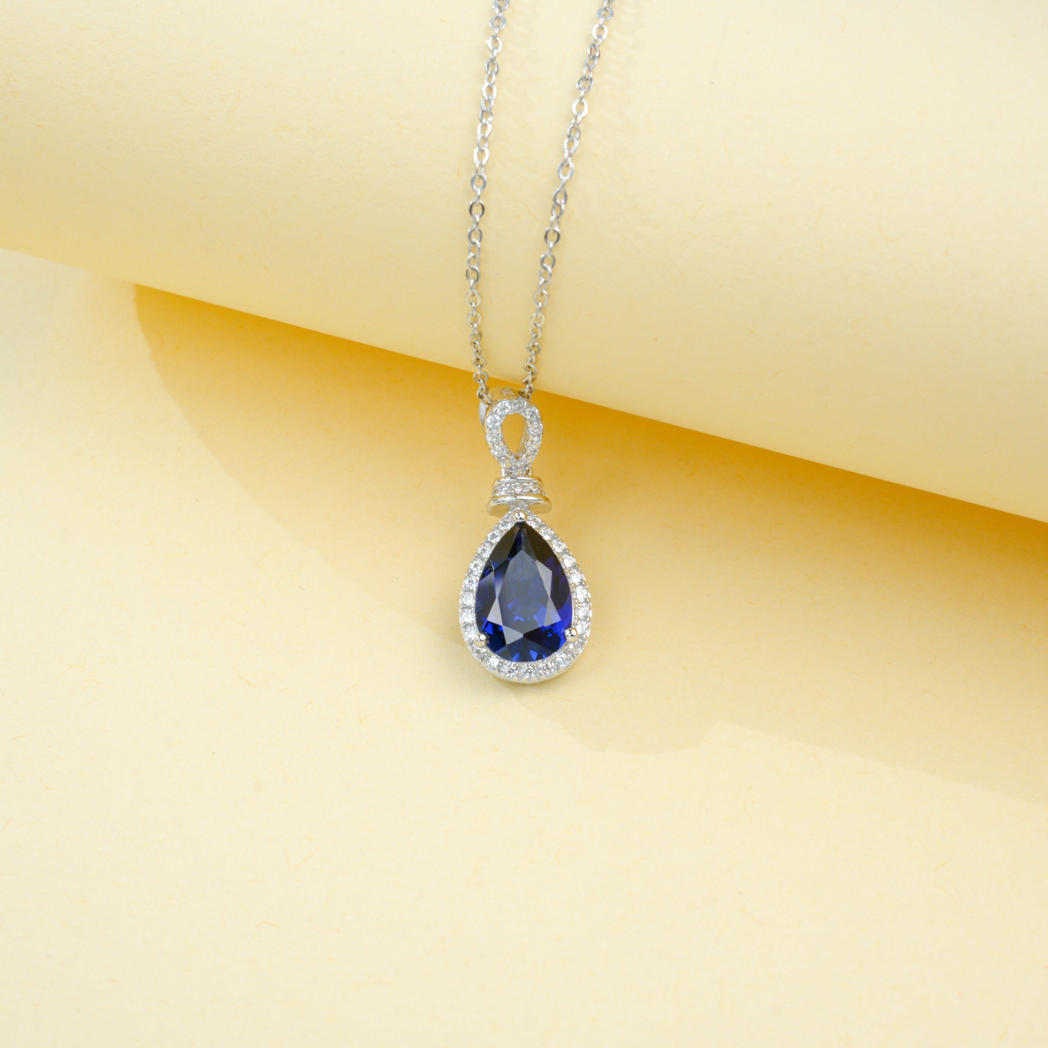 Lab-Grown Sapphire - Teardrop Deep Blue Dangle Necklace