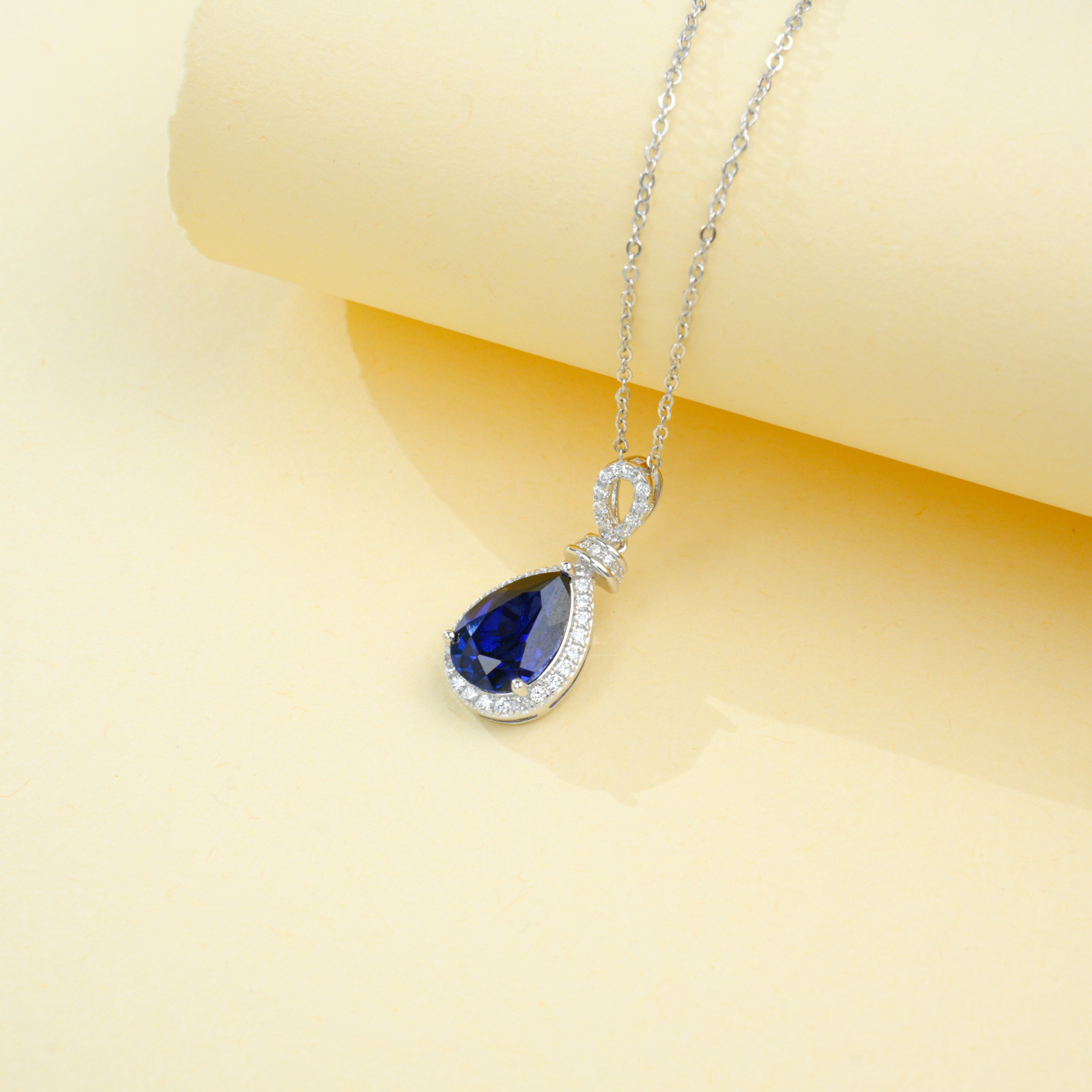 Lab-Grown Sapphire - Teardrop Deep Blue Dangle Necklace