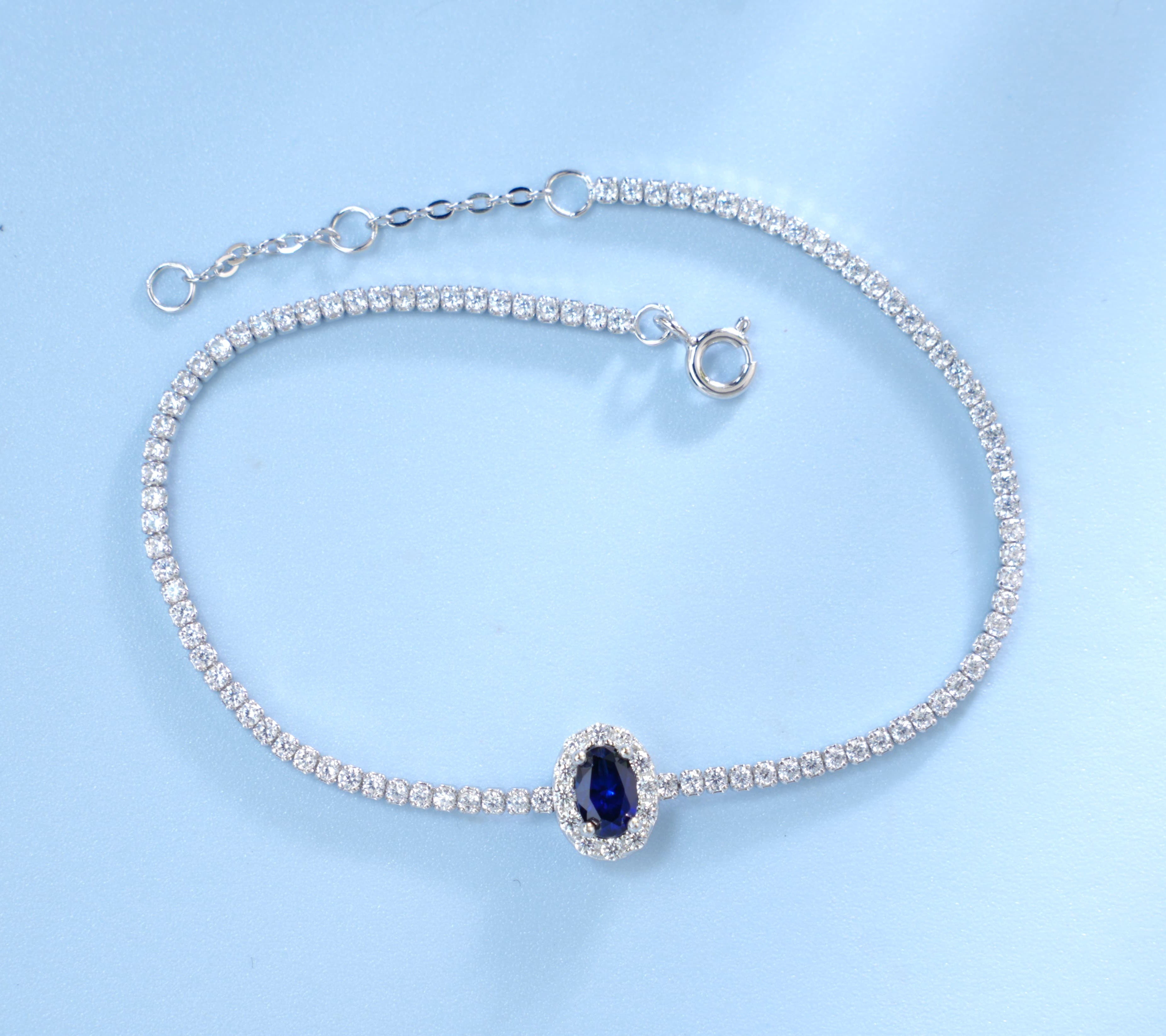 Lab-Grown Sapphire - Oval Blue Diamond-Halo Fine Chain Bracelet