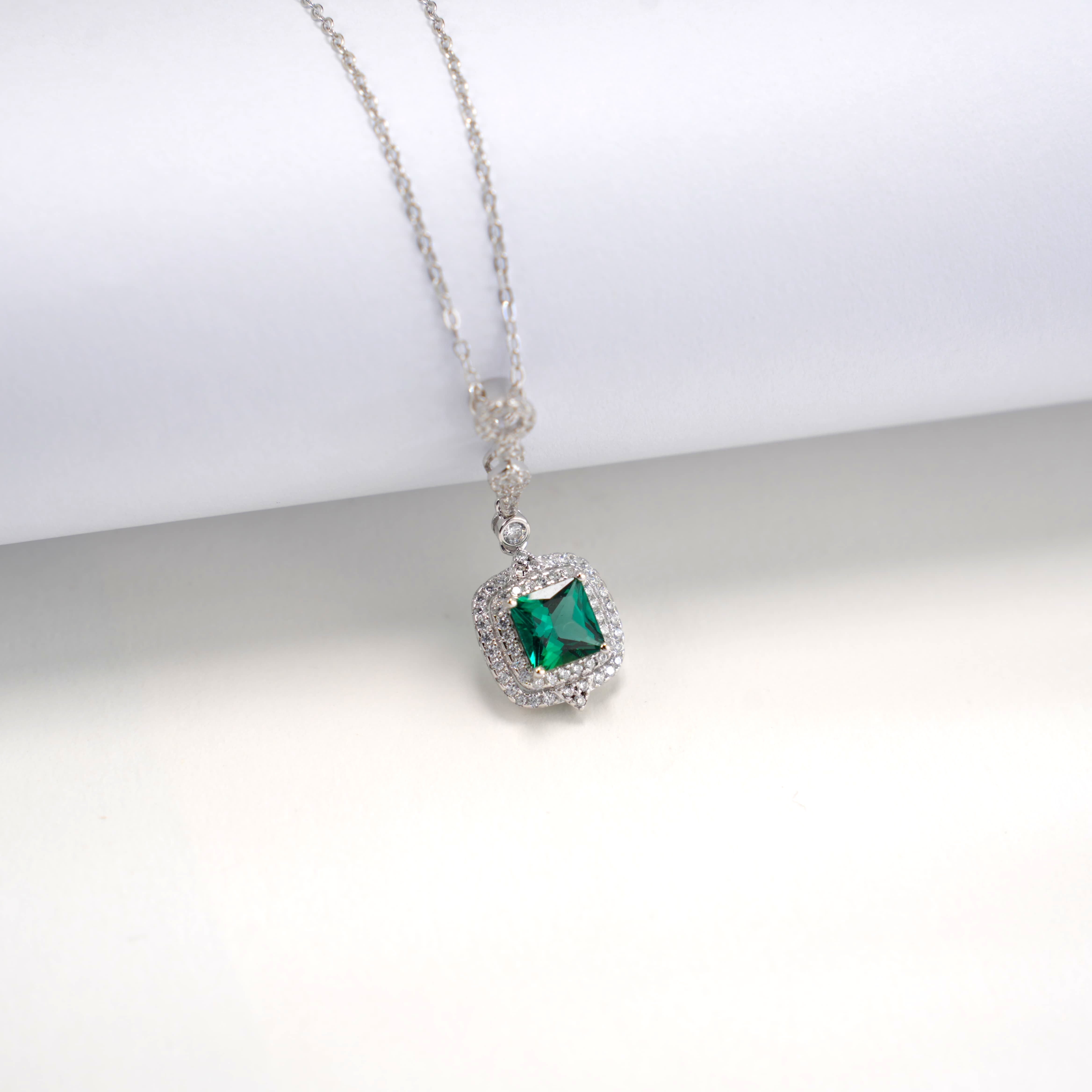 Lab-Grown Emerald - Emerald Square Diamond-Accented Vintage Pendant