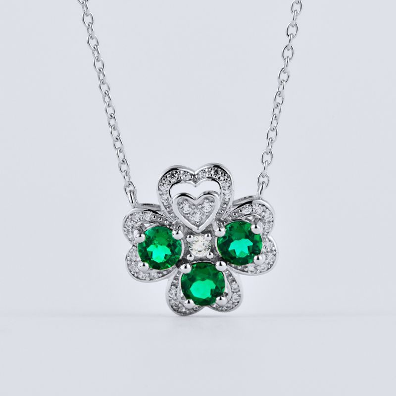 Lab-Grown Emerald - Emerald Petal Heart-Inlaid Lucky Clover Pendant