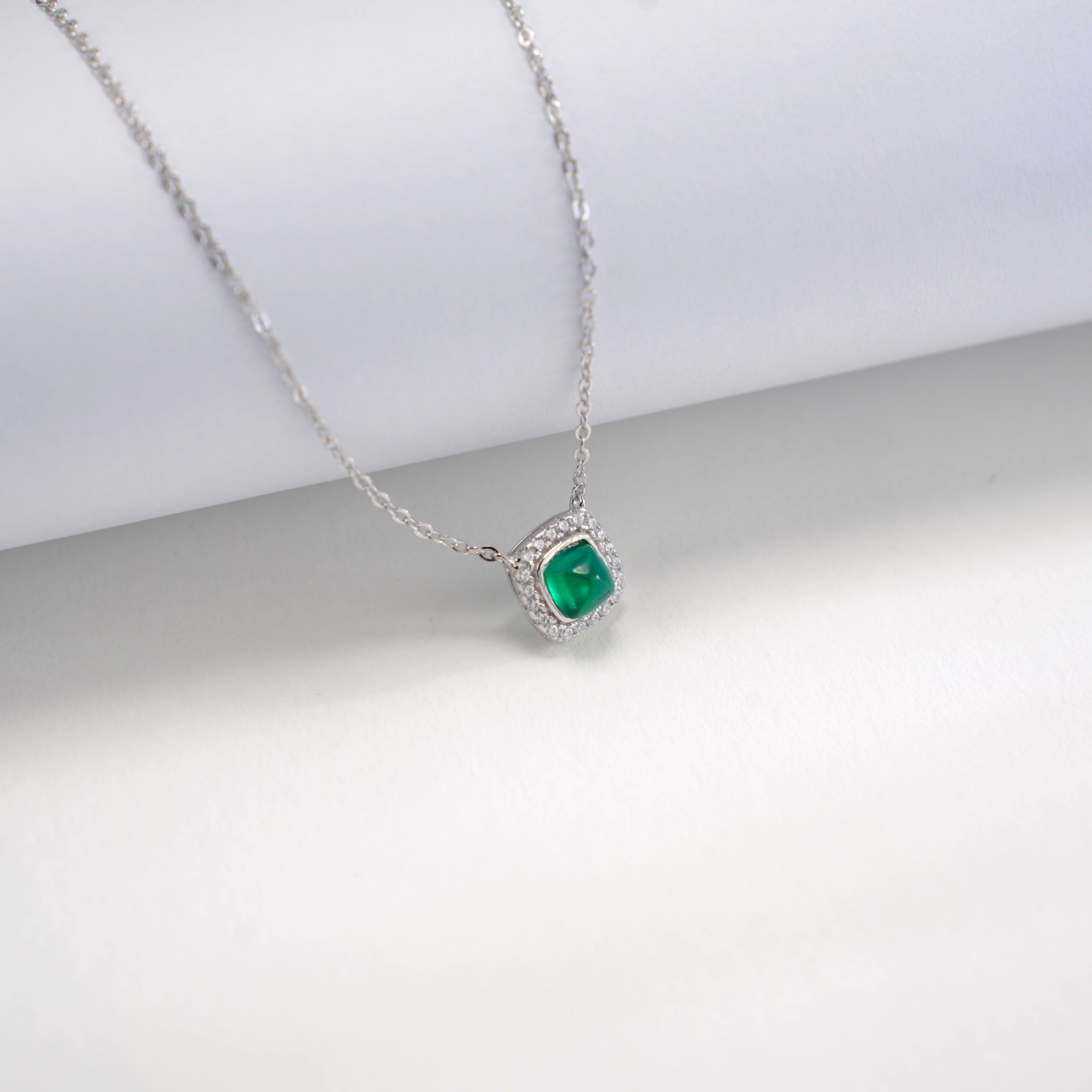 Lab-Grown Emerald - Emerald Square Diamond-Edged Minimalist Pendant