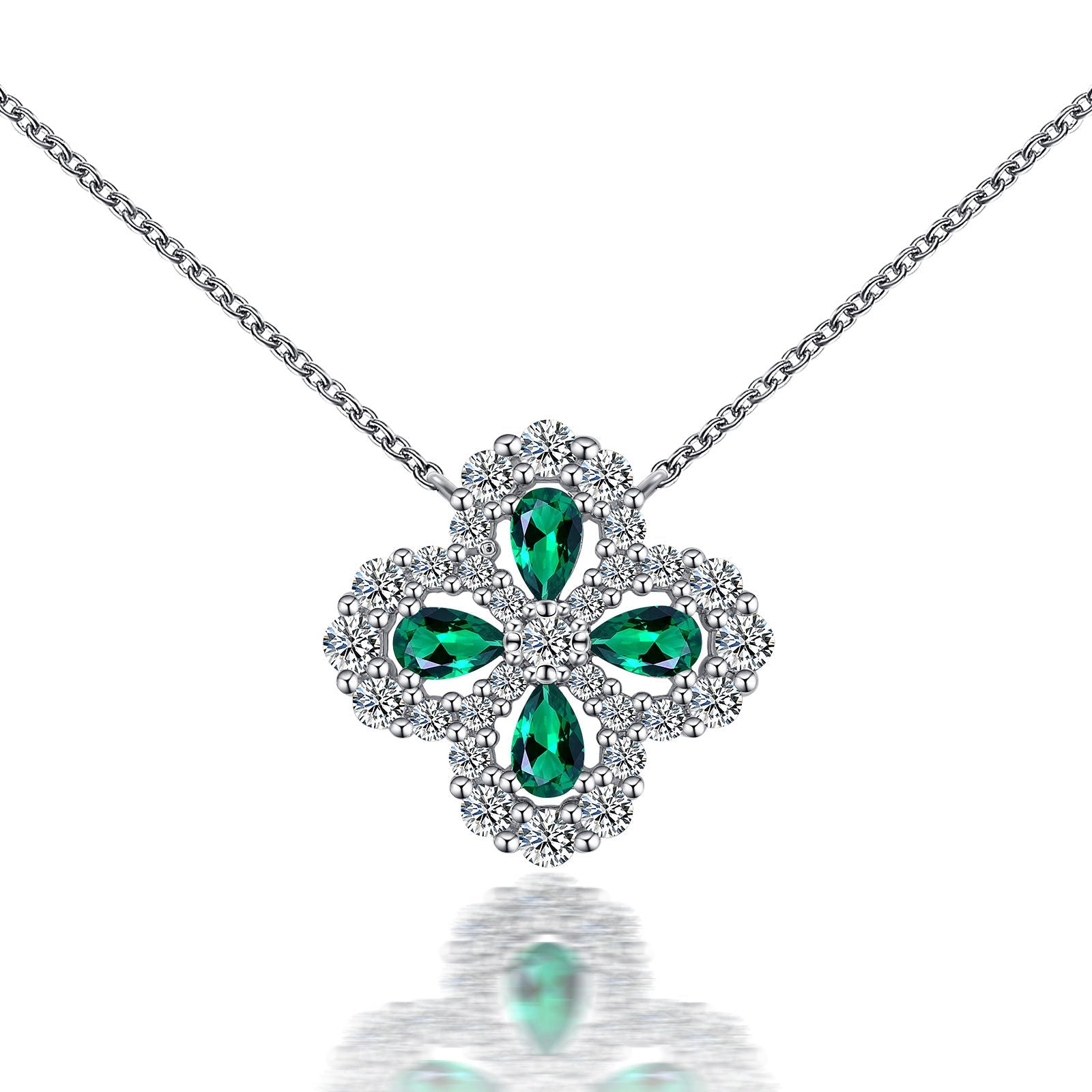Lab-Grown Emerald - Emerald Teardrop Diamond Cluster Four-Leaf Pendant