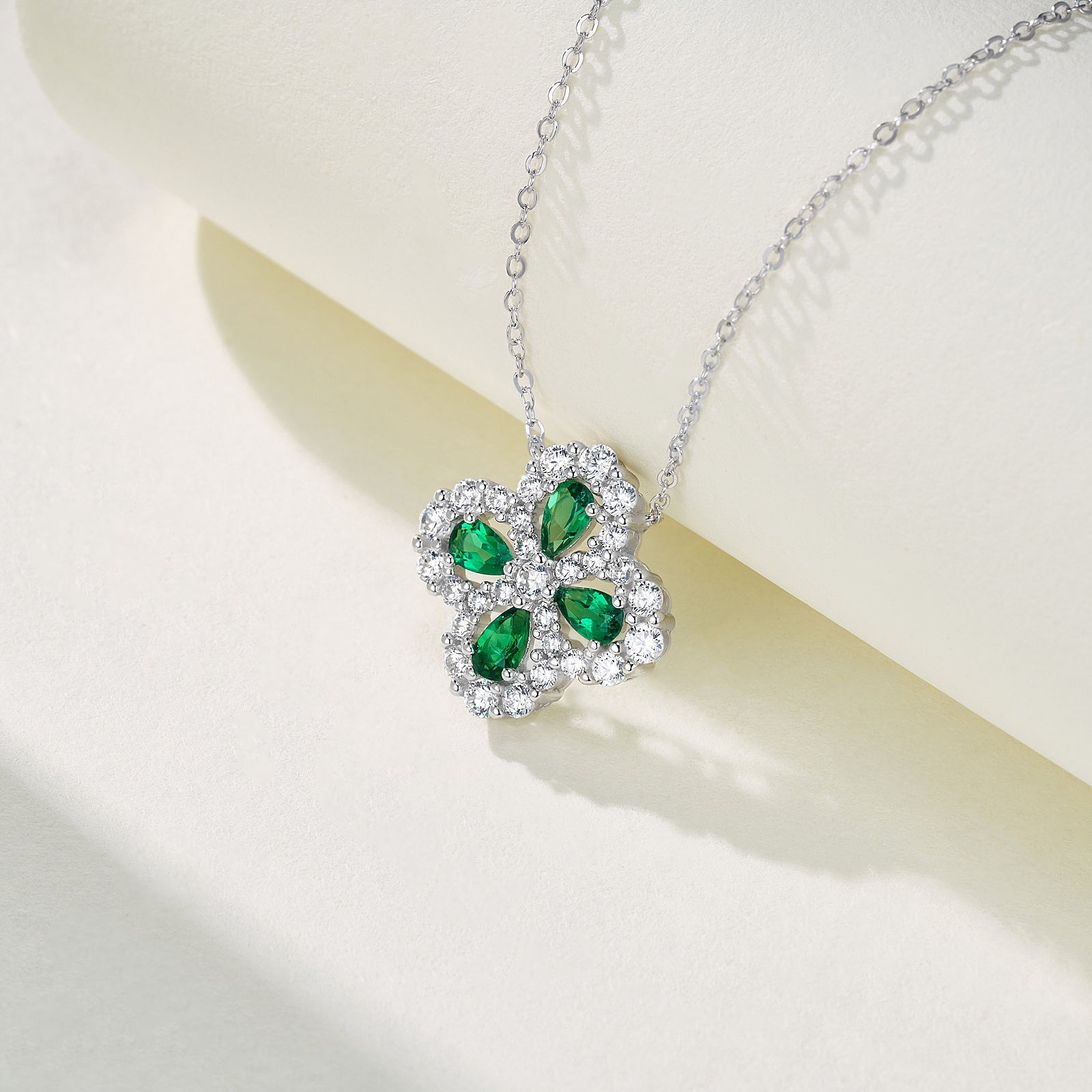 Lab-Grown Emerald - Emerald Teardrop Diamond Cluster Four-Leaf Pendant