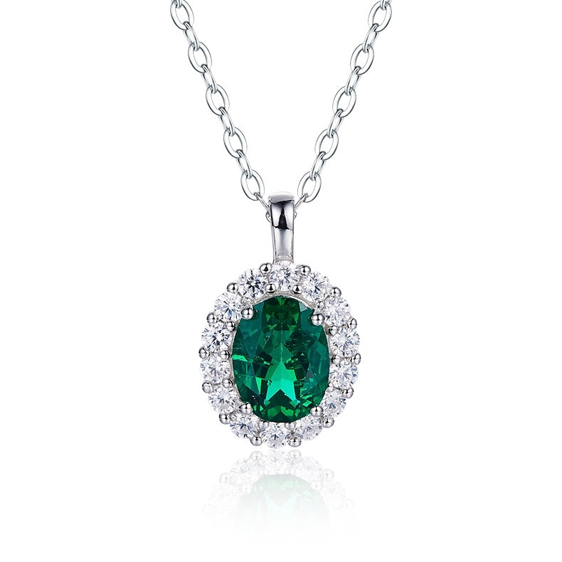Lab-Grown Emerald - Emerald Oval Diamond Cluster Halo Pendant