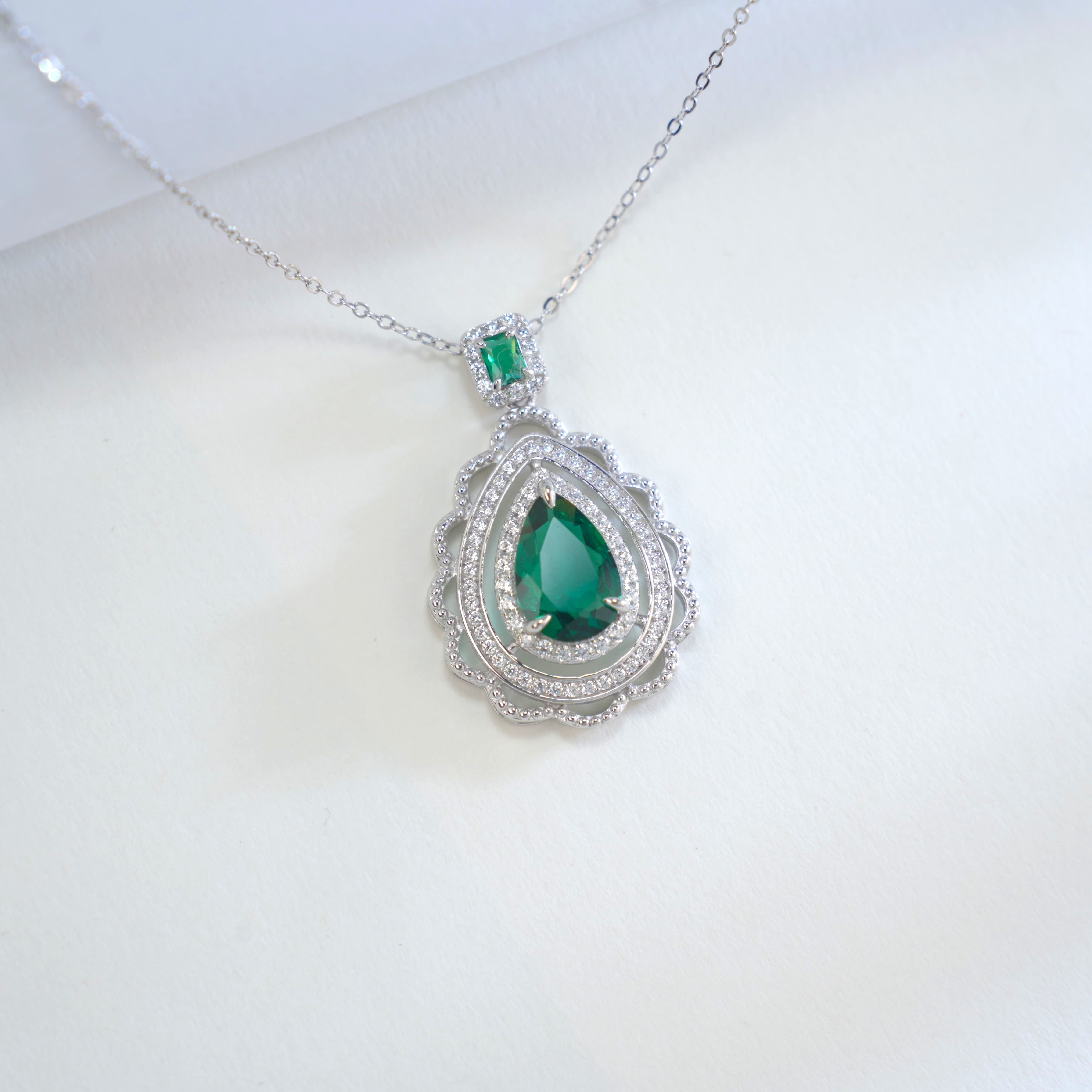 Lab-Grown Emerald - Emerald Teardrop Diamond-Layered Luxury Pendant