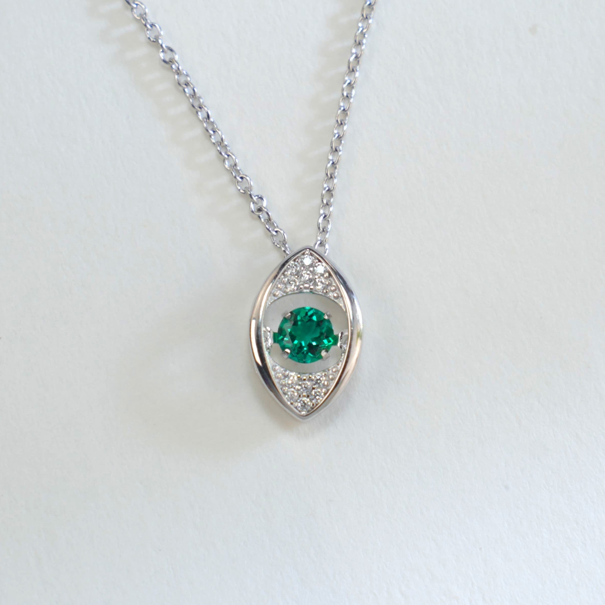Lab-Grown Emerald - Emerald Eye Diamond-Feather Spirit Pupil Pendant