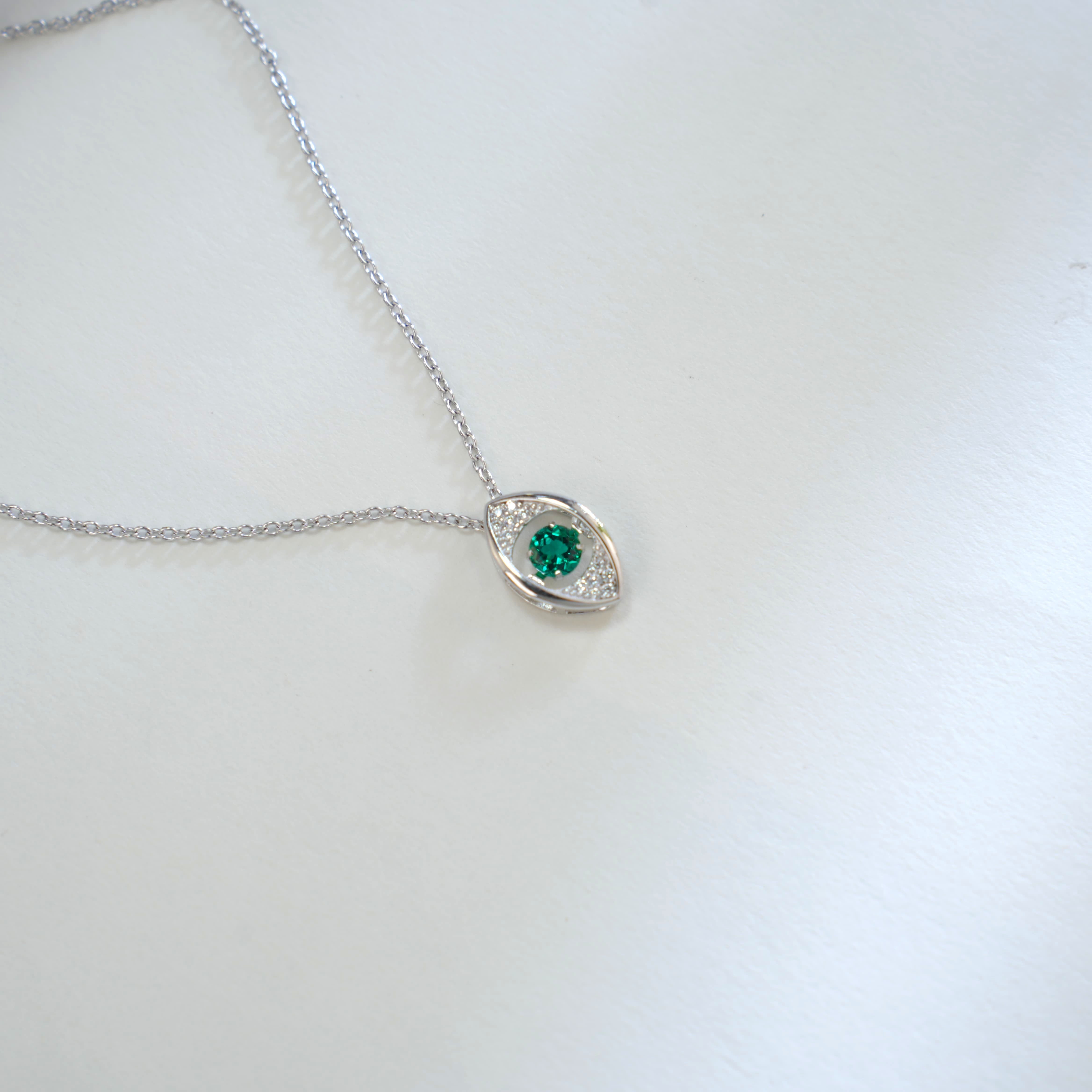 Lab-Grown Emerald - Emerald Eye Diamond-Feather Spirit Pupil Pendant