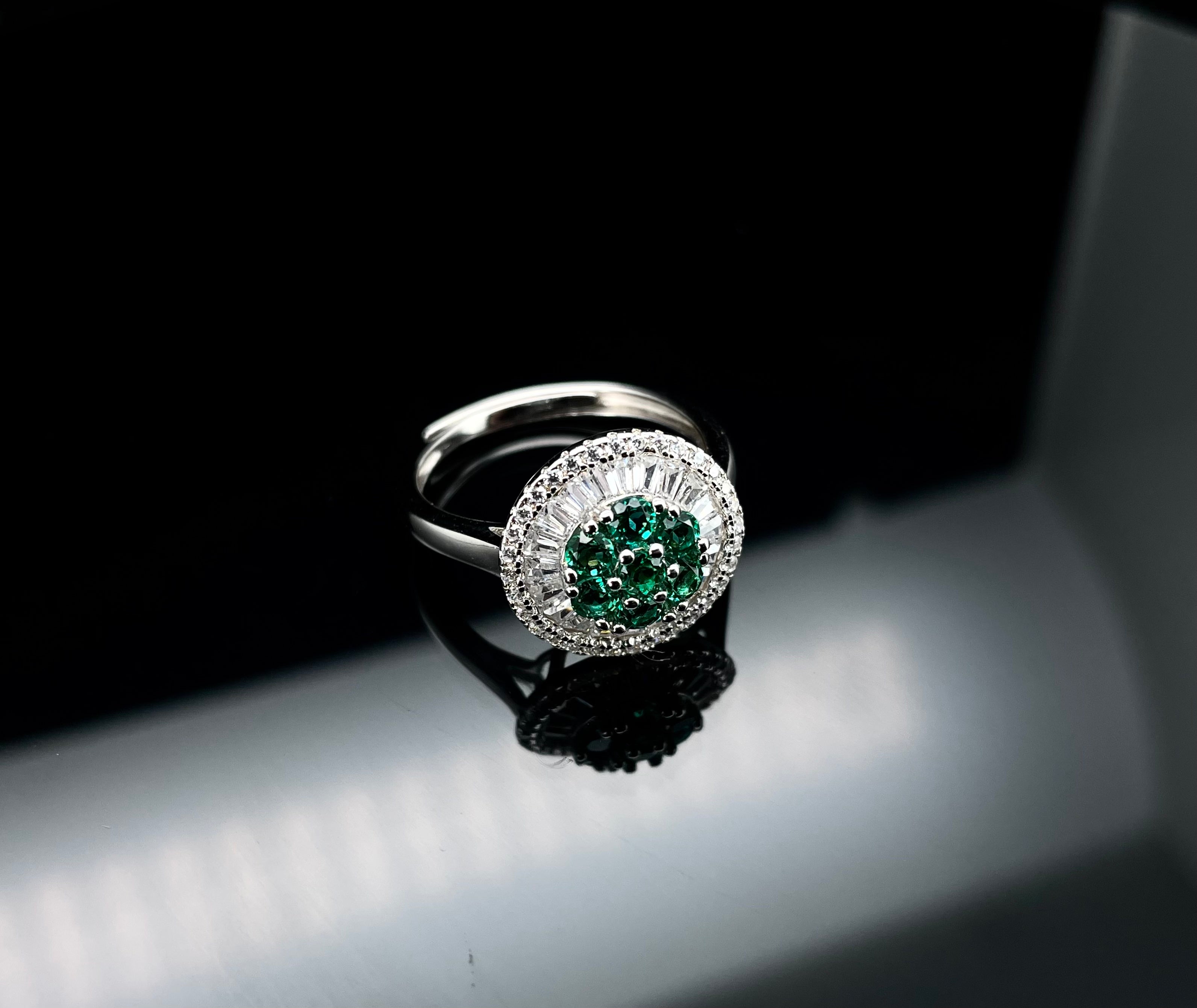 Lab-Grown Emerald - Emerald Cluster Diamond Halo Floral Ring