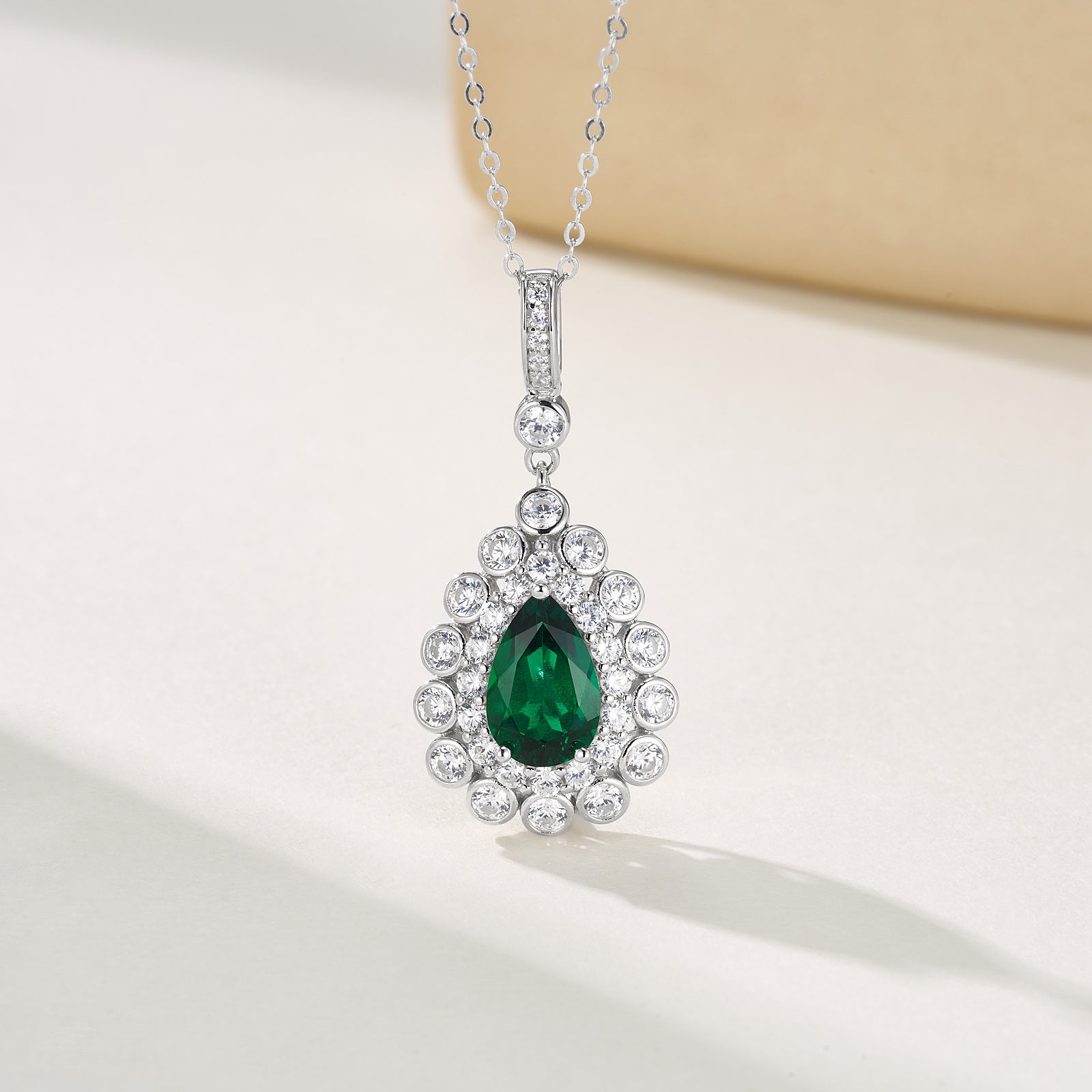 Lab-Grown Emerald - Dewy Emerald Diamond Halo Floral Crown Pendant