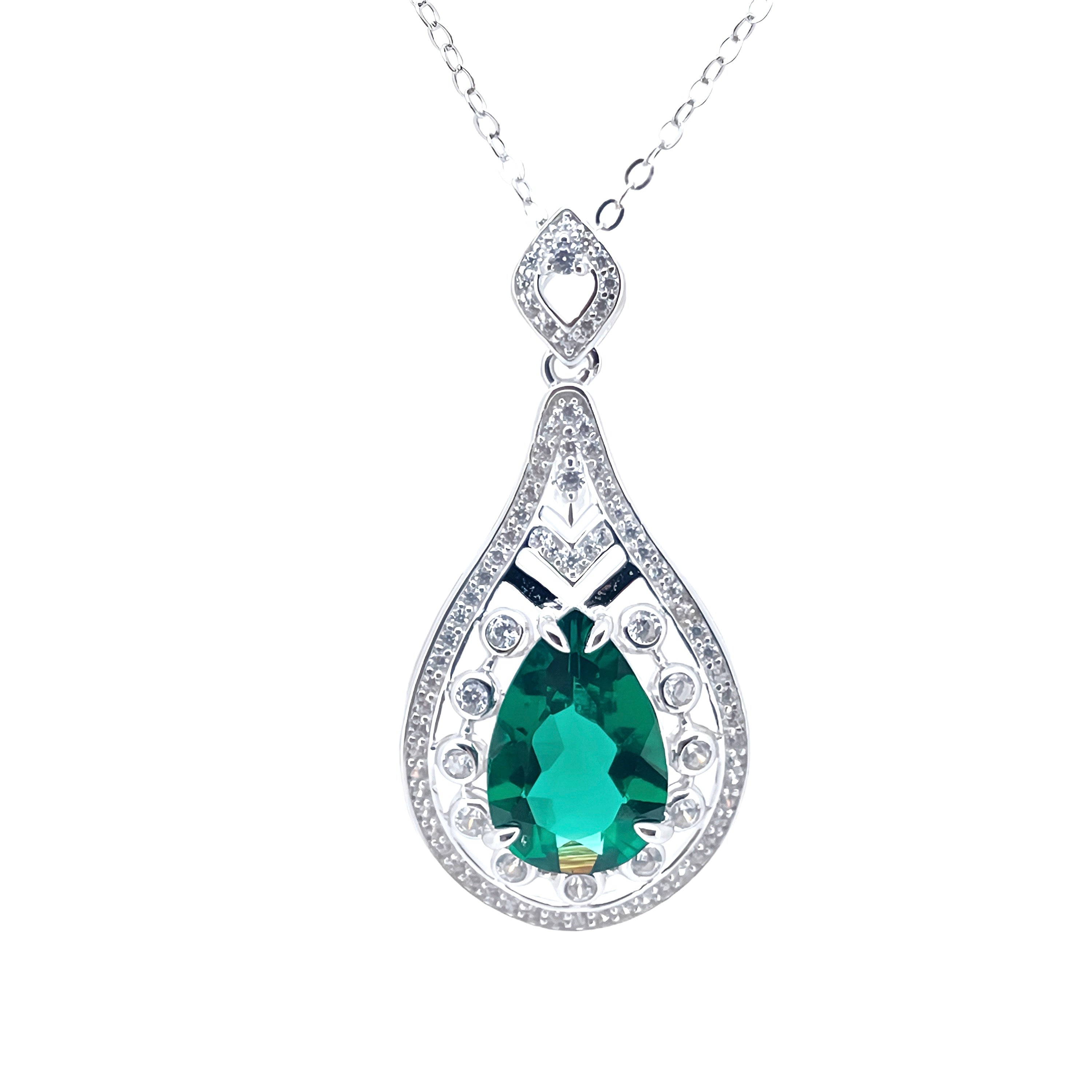 Lab-Grown Emerald - Dewy Emerald Diamond Heart Feather Charm Pendant