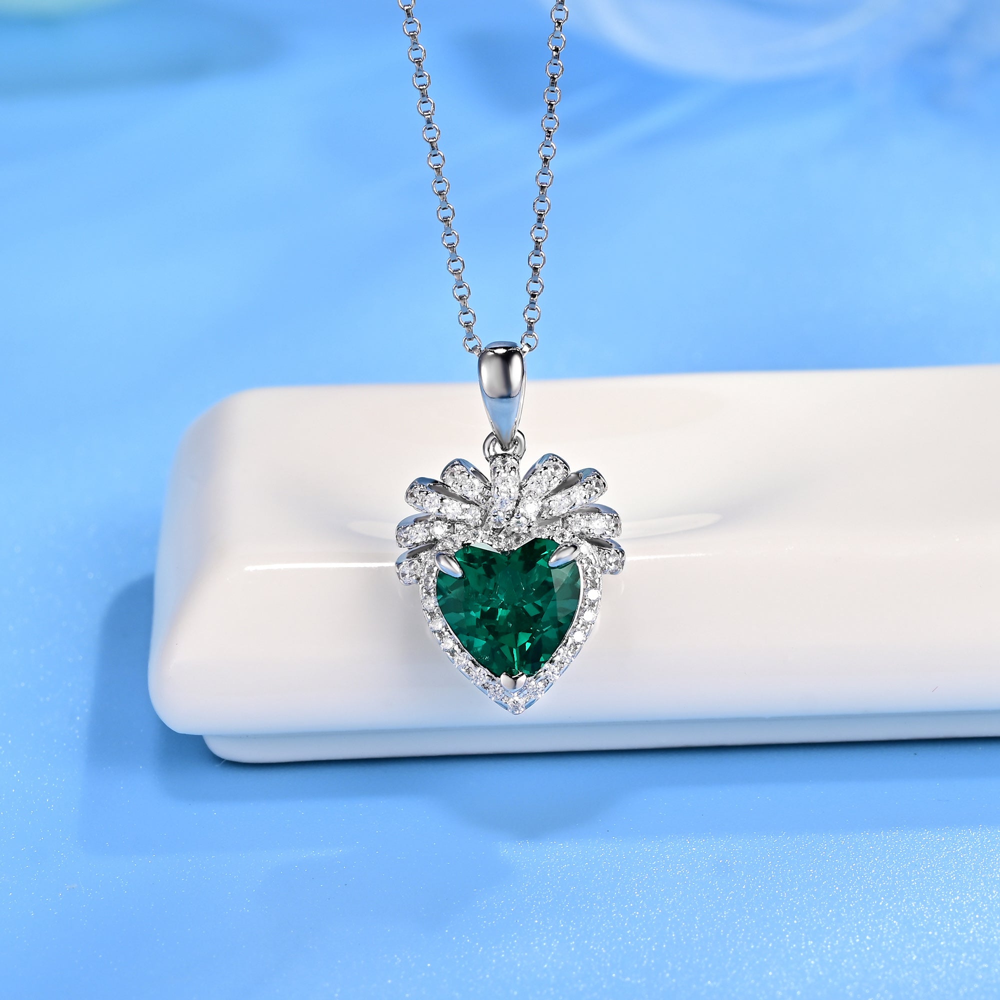 Lab-Grown Emerald - Emerald Heart Diamond Feather Love Charm Pendant
