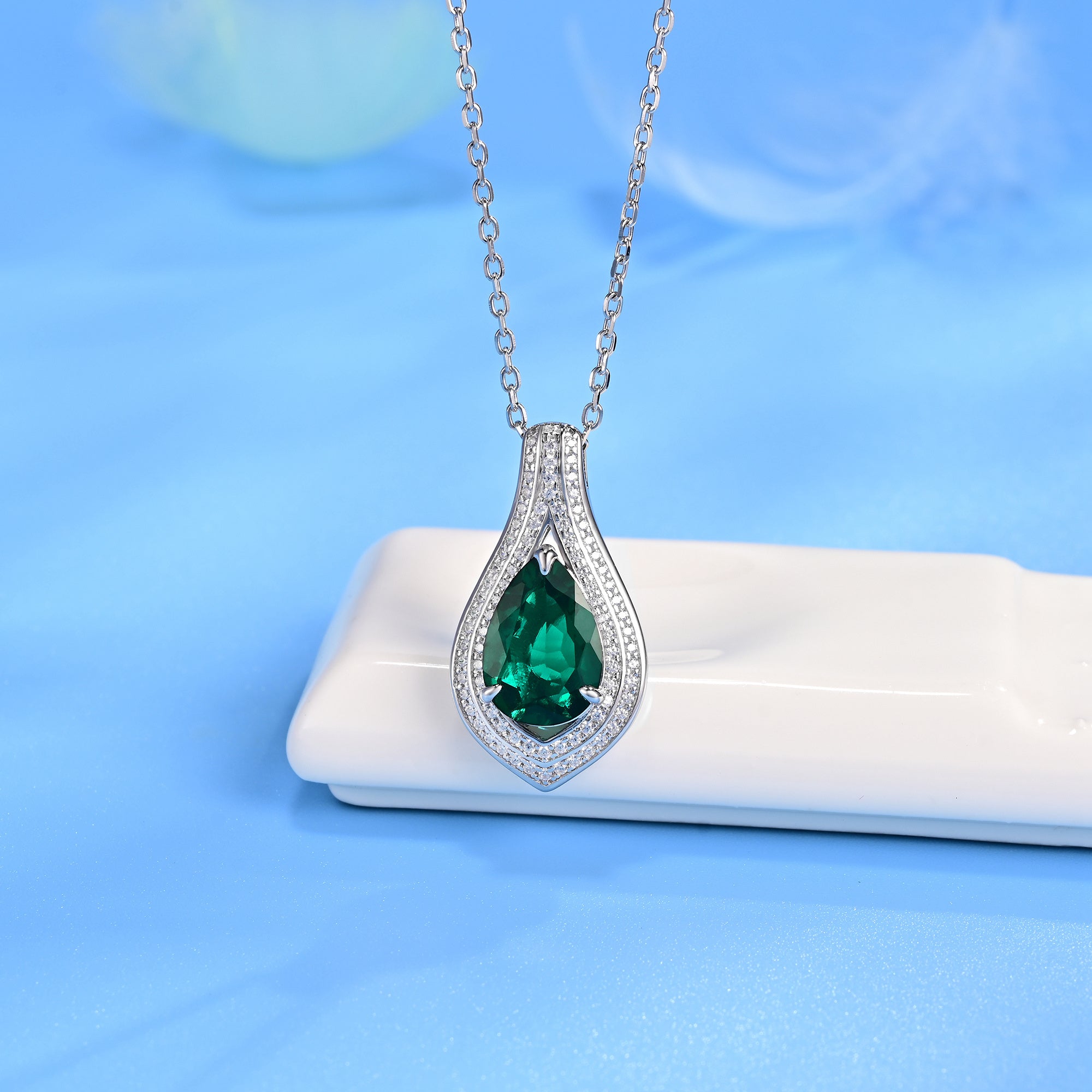 Lab-Grown Emerald - Dewy Emerald Diamond Double Halo Elegant Charm Pendant