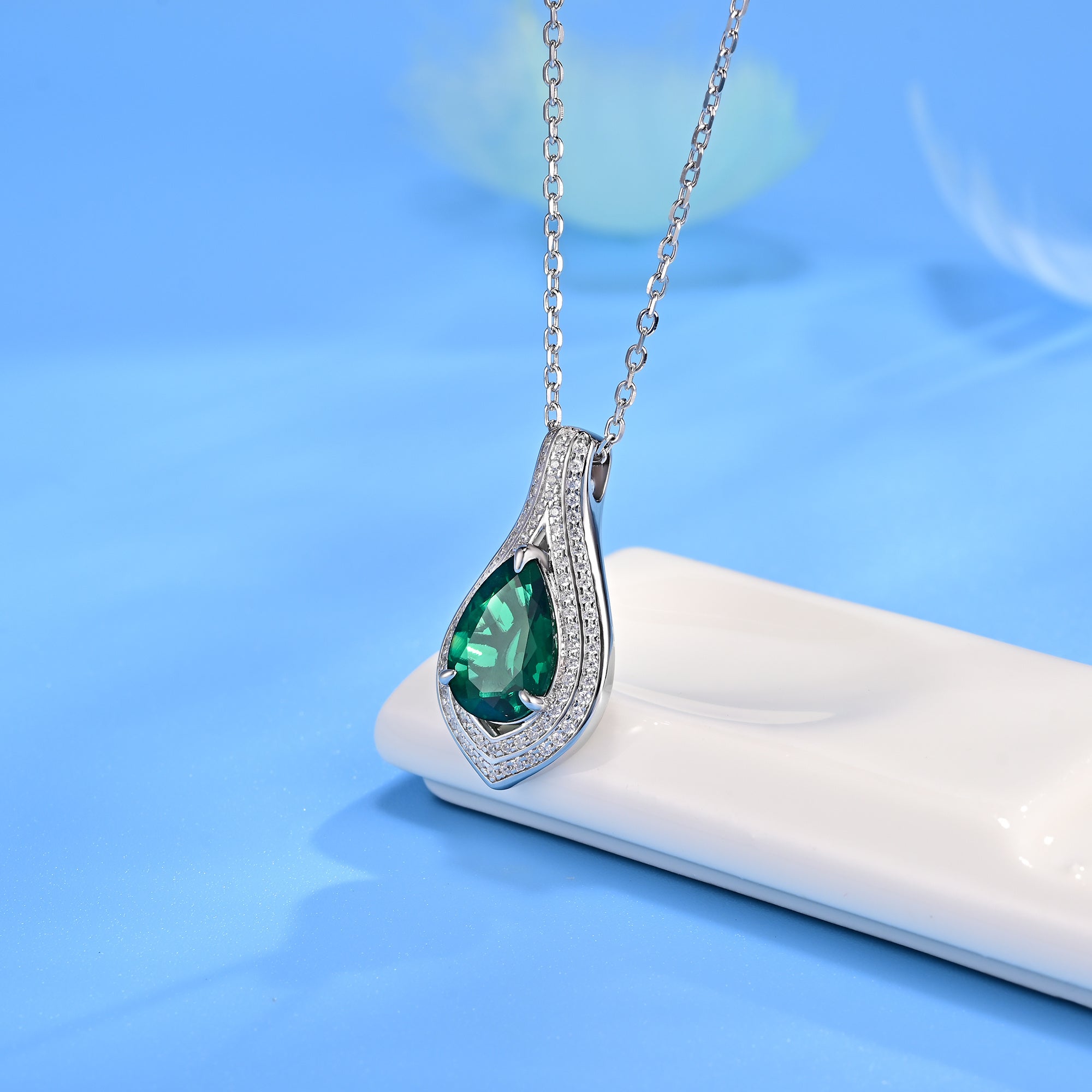 Lab-Grown Emerald - Dewy Emerald Diamond Double Halo Elegant Charm Pendant