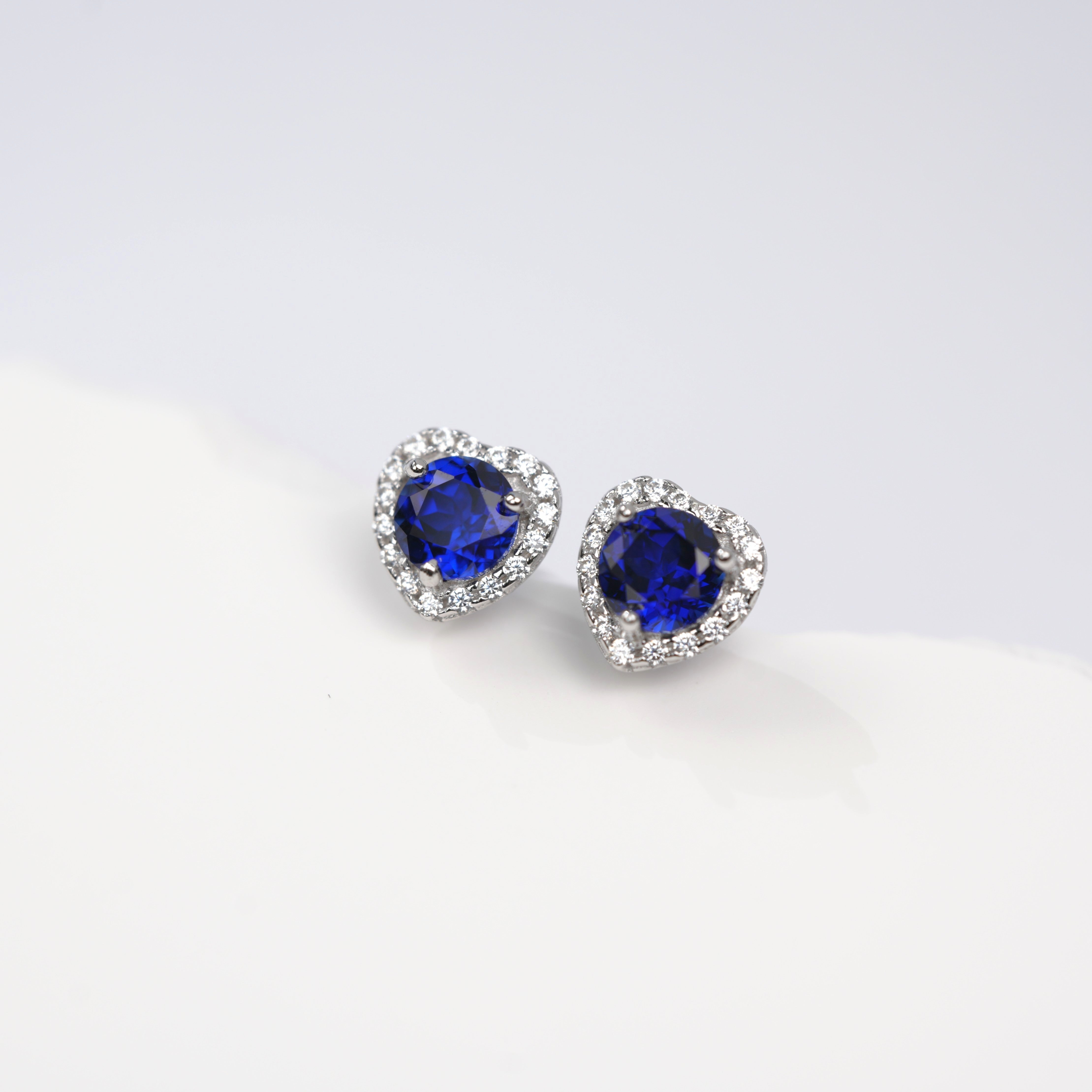 Lab-Grown Sapphire - Round Indigo Sapphire Diamond Heart Glow Stud Earrings