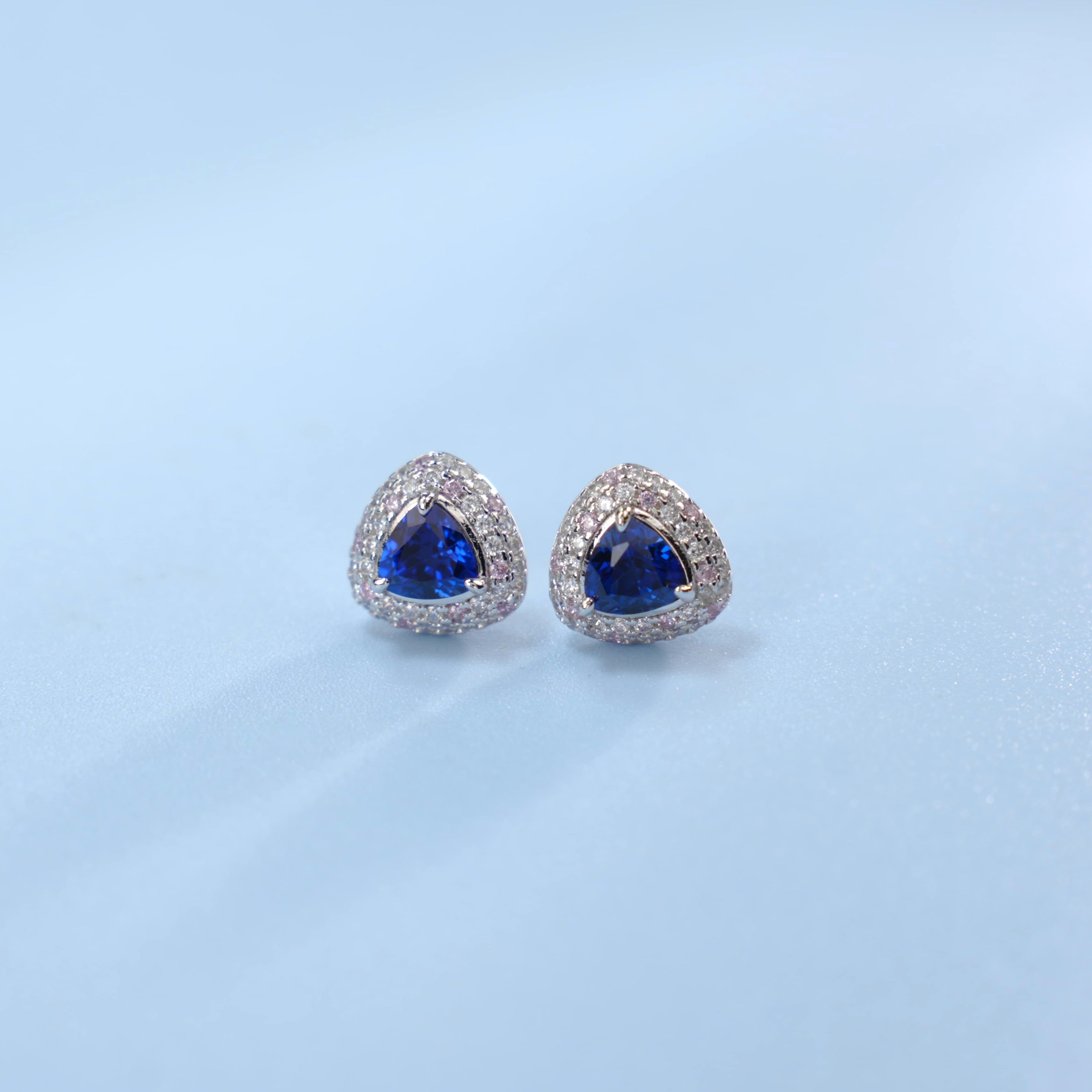 Lab-Grown Sapphire - Trillion Indigo Sapphire Diamond Pink Pavé Stud Earrings