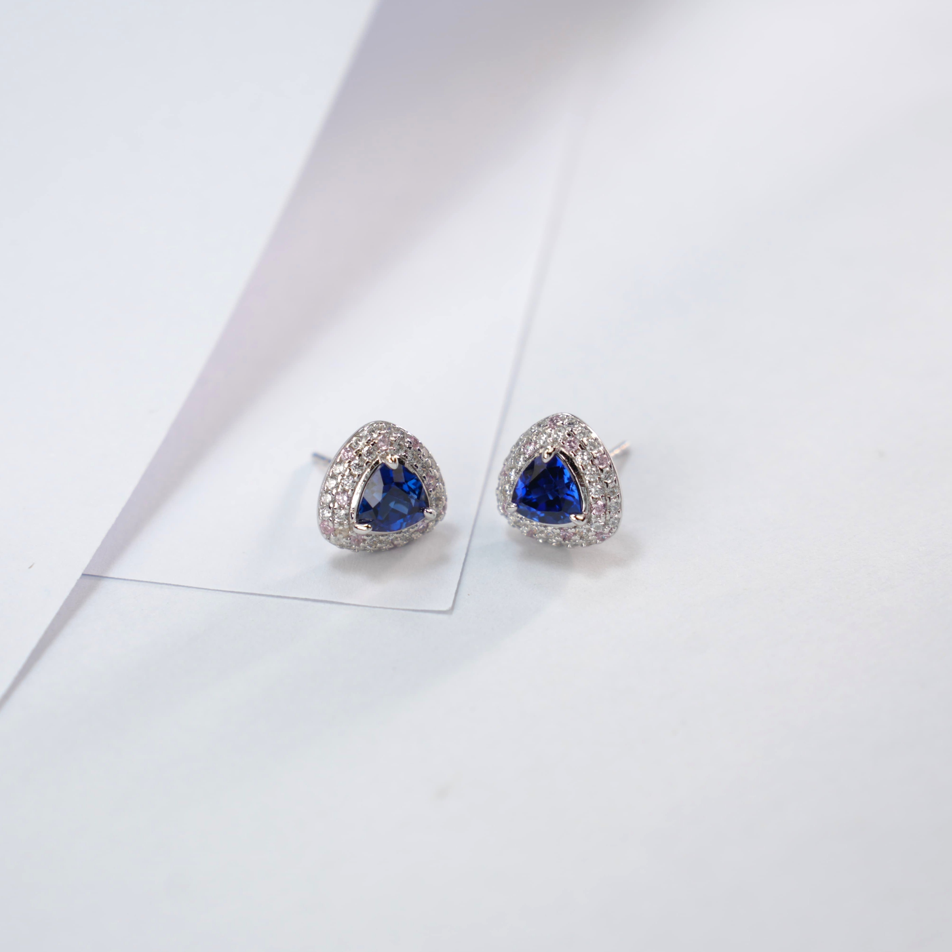 Lab-Grown Sapphire - Trillion Indigo Sapphire Diamond Pink Pavé Stud Earrings