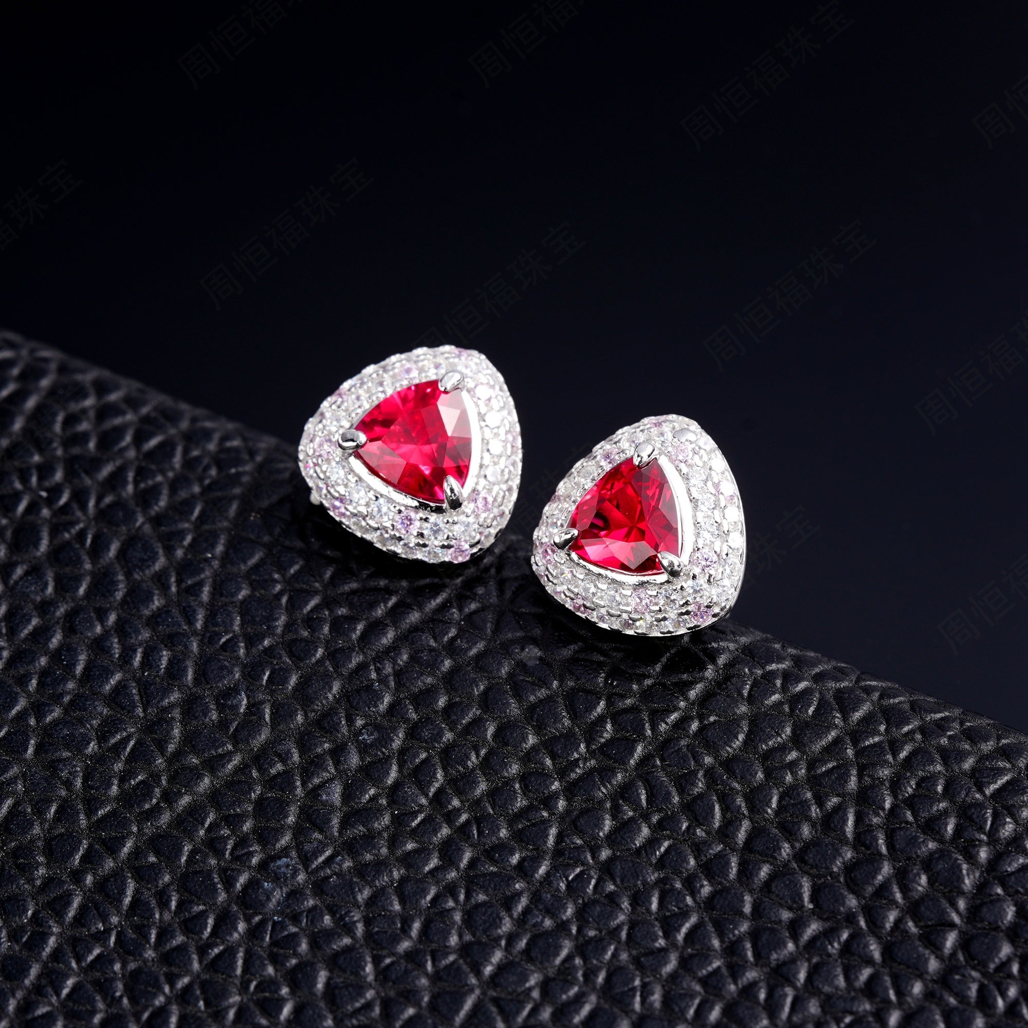 Lab-Grown Sapphire - Trillion Indigo Sapphire Diamond Pink Pavé Stud Earrings