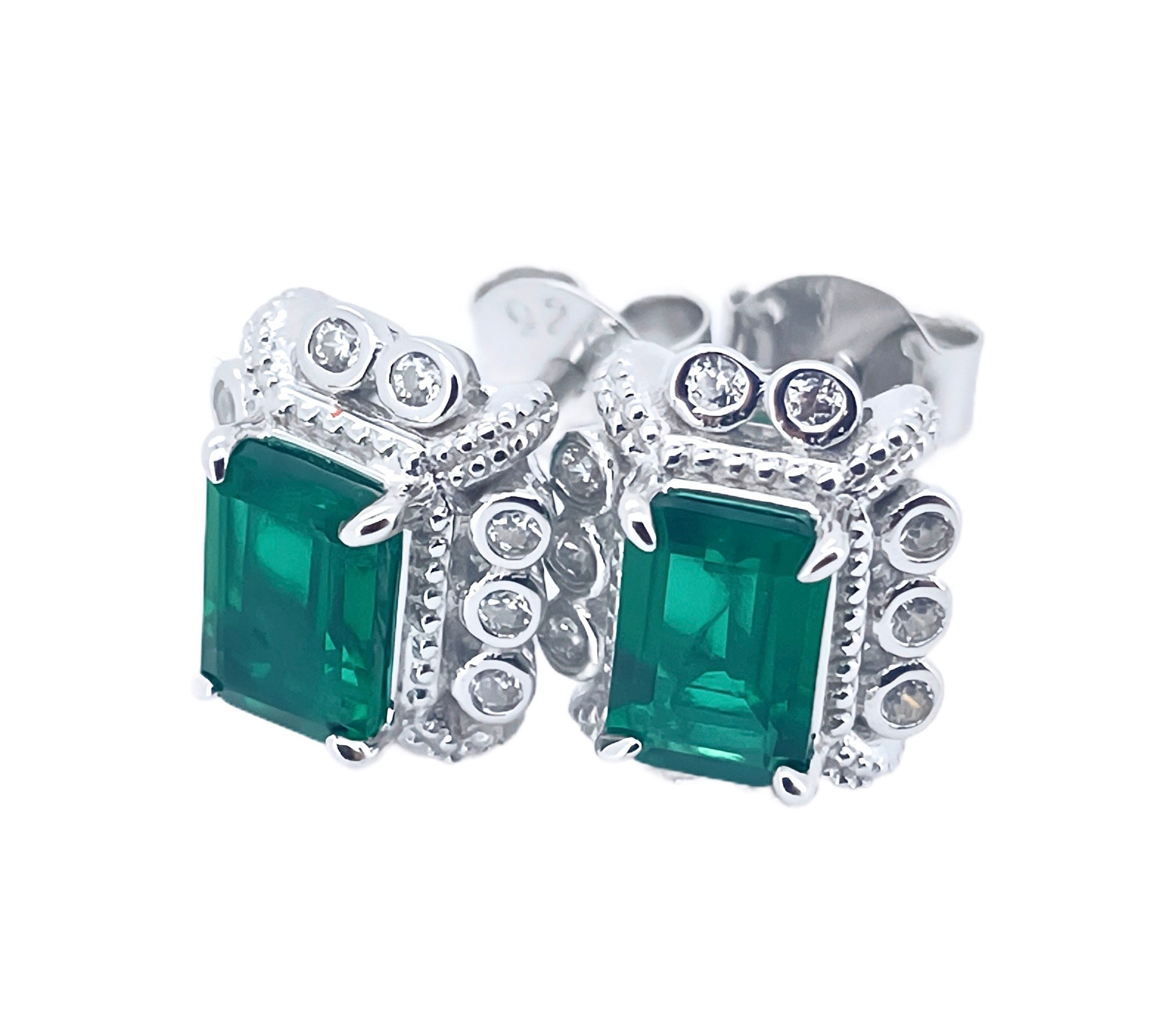 Lab-Grown Sapphire - Square Indigo Sapphire Diamond Cluster Radiance Stud Earrings