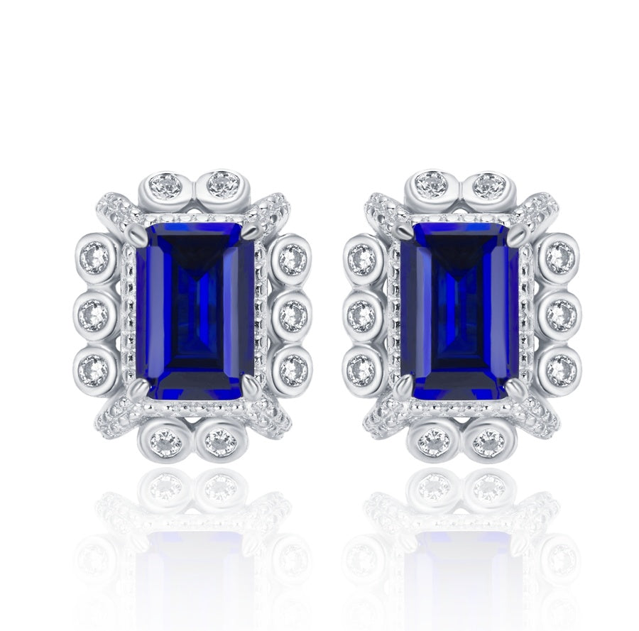 Lab-Grown Sapphire - Square Indigo Sapphire Diamond Cluster Radiance Stud Earrings