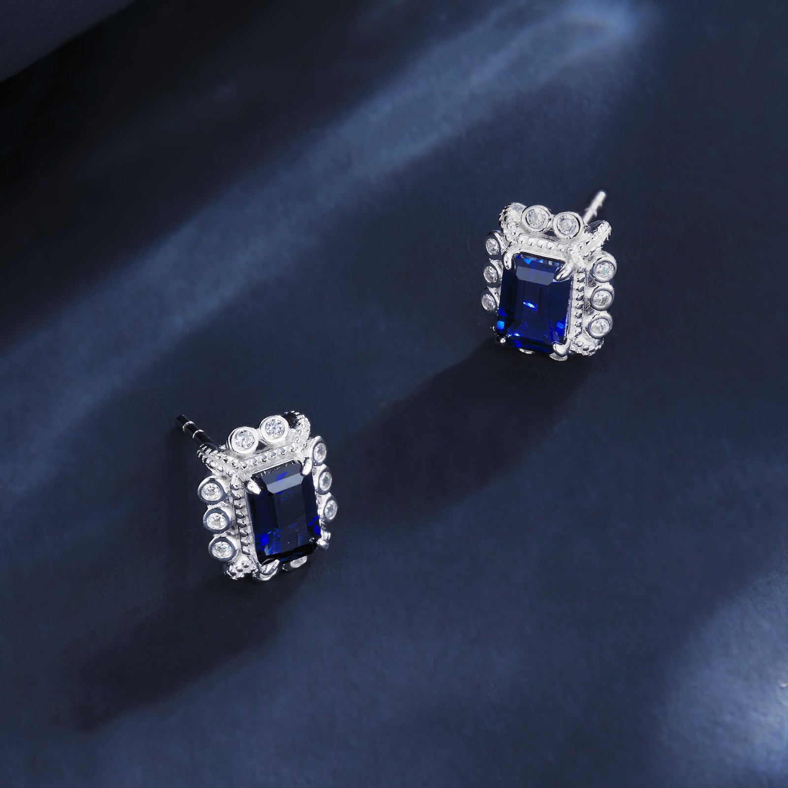 Lab-Grown Sapphire - Square Indigo Sapphire Diamond Cluster Radiance Stud Earrings