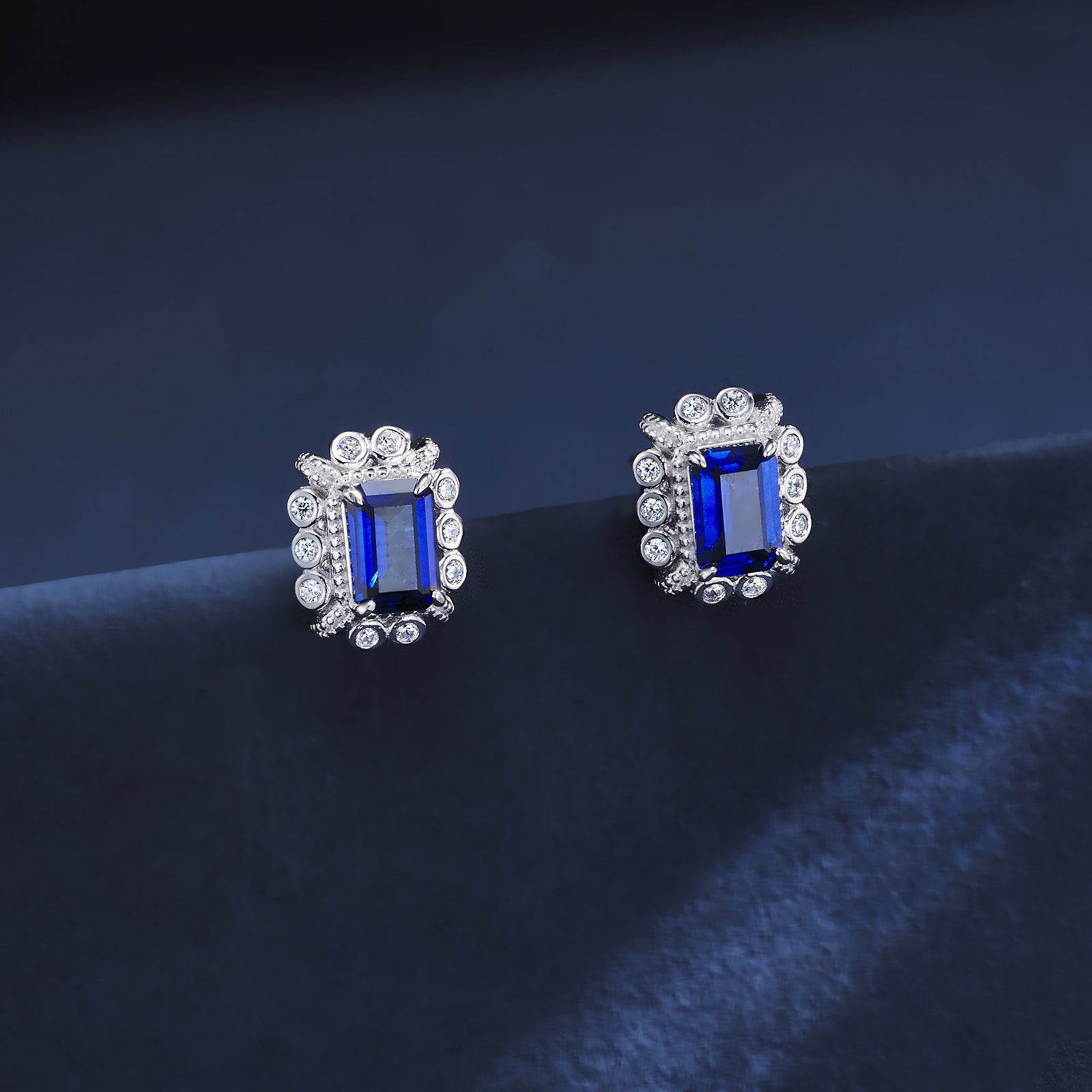 Lab-Grown Sapphire - Square Indigo Sapphire Diamond Cluster Radiance Stud Earrings