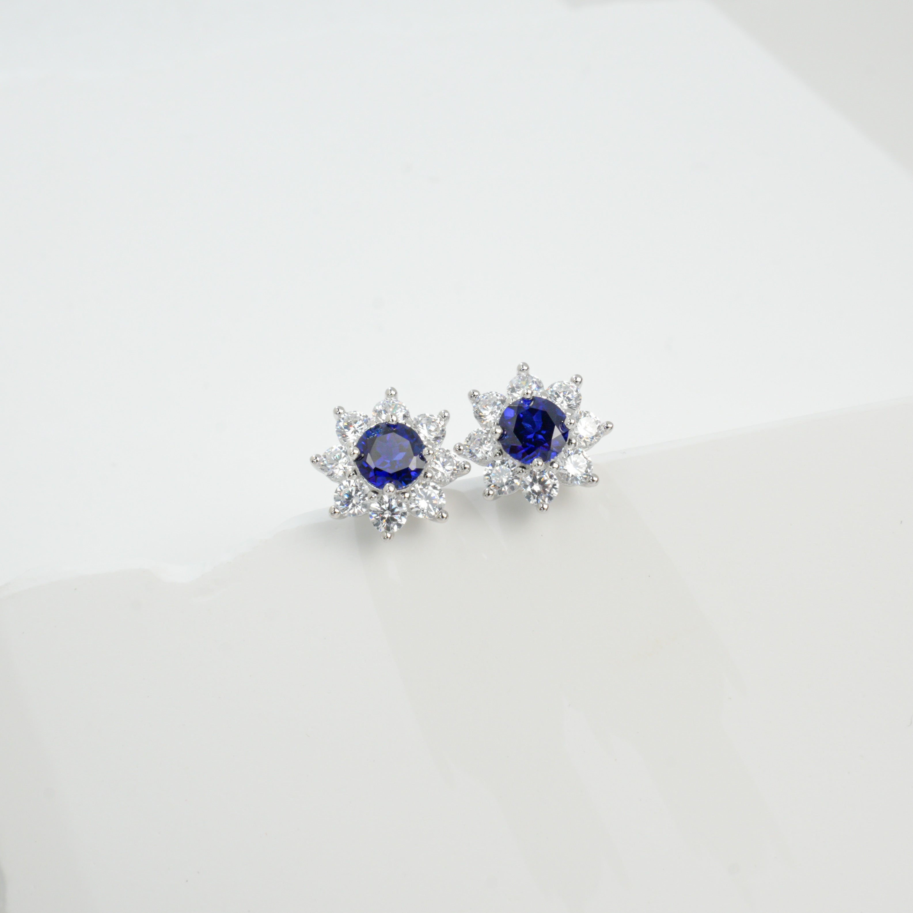 Lab-Grown Sapphire - Round Indigo Sapphire Diamond Flower Cluster Stud Earrings