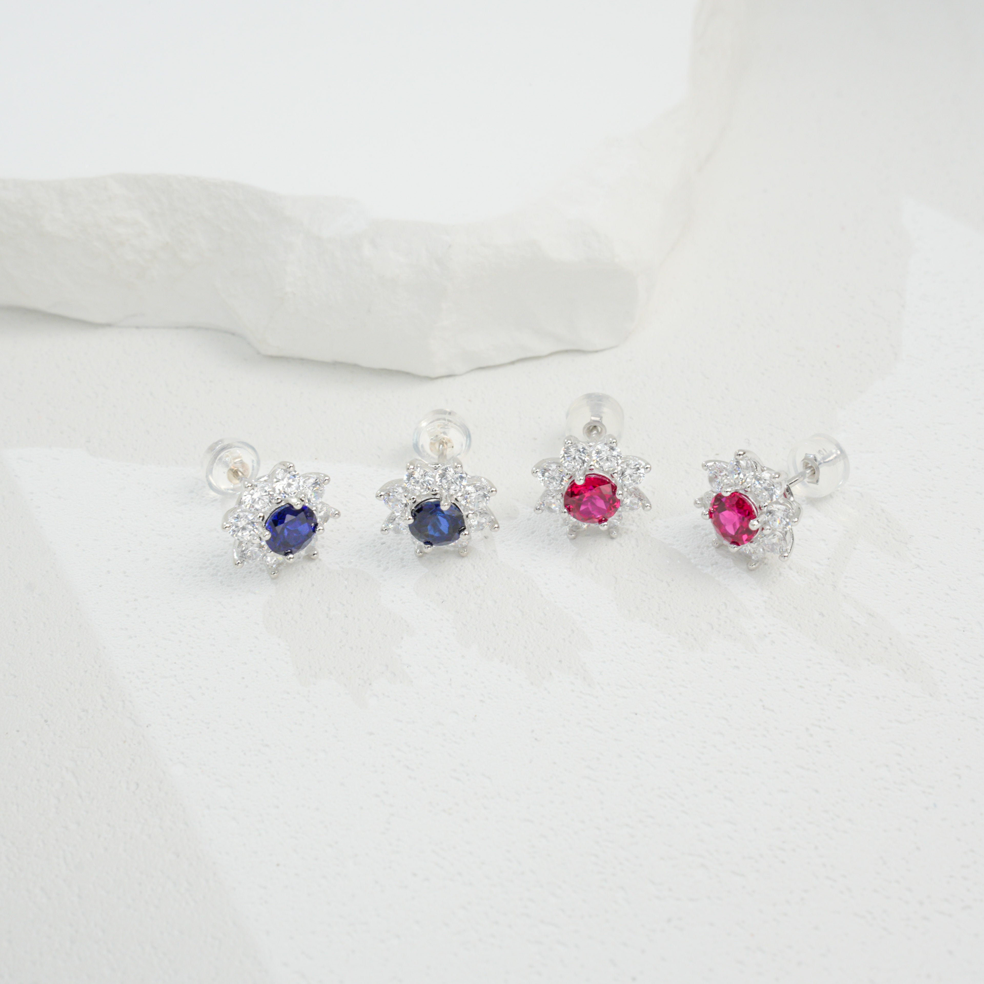Lab-Grown Sapphire - Round Indigo Sapphire Diamond Flower Cluster Stud Earrings