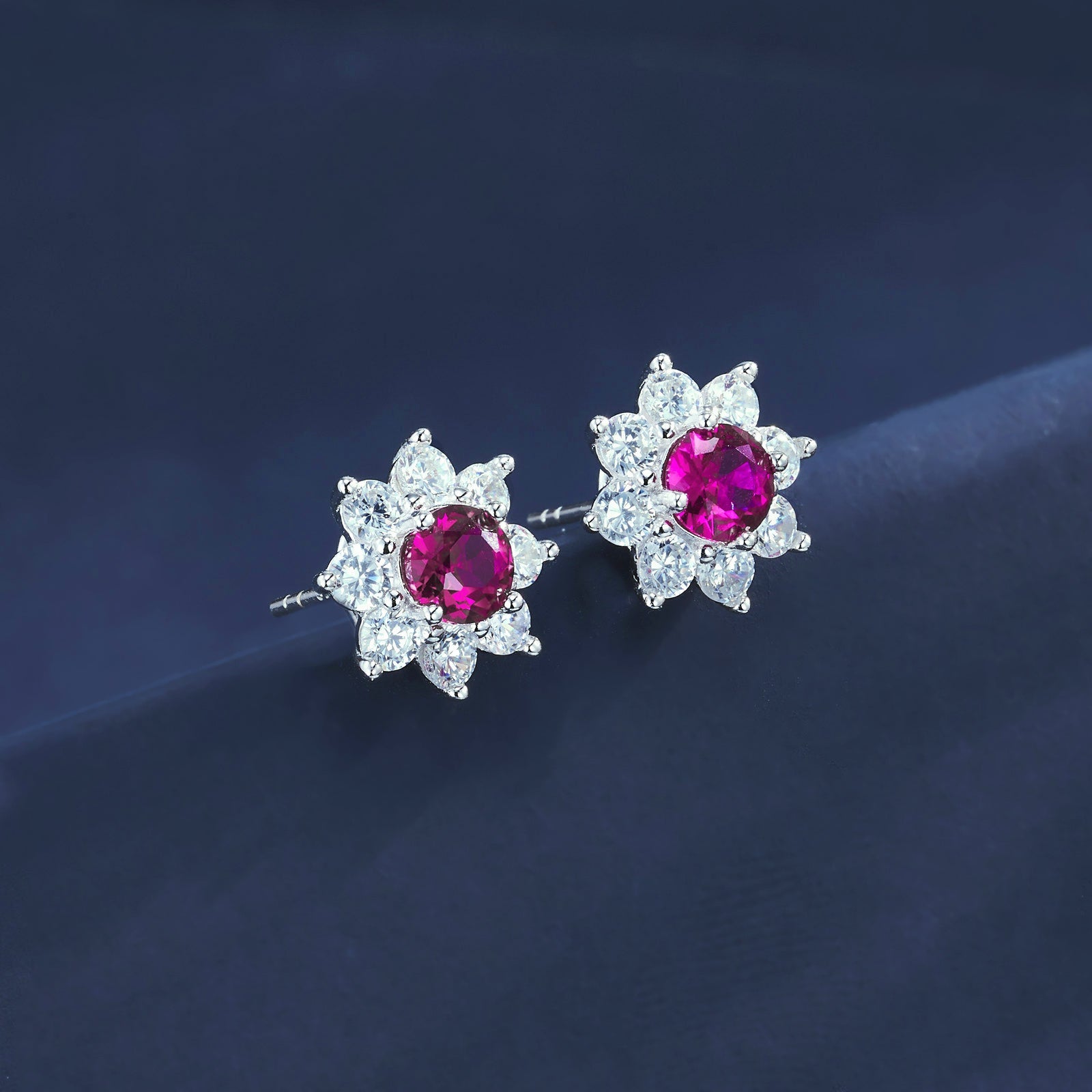 Lab-Grown Sapphire - Round Indigo Sapphire Diamond Flower Cluster Stud Earrings