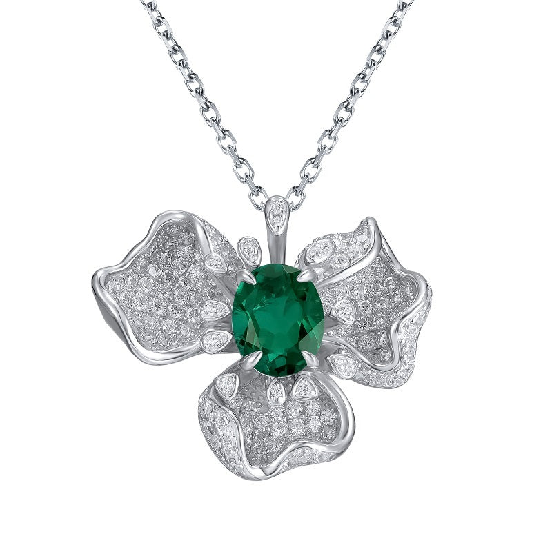 Lab-Grown Emerald - Round Emerald Diamond Floral Glow Pendant