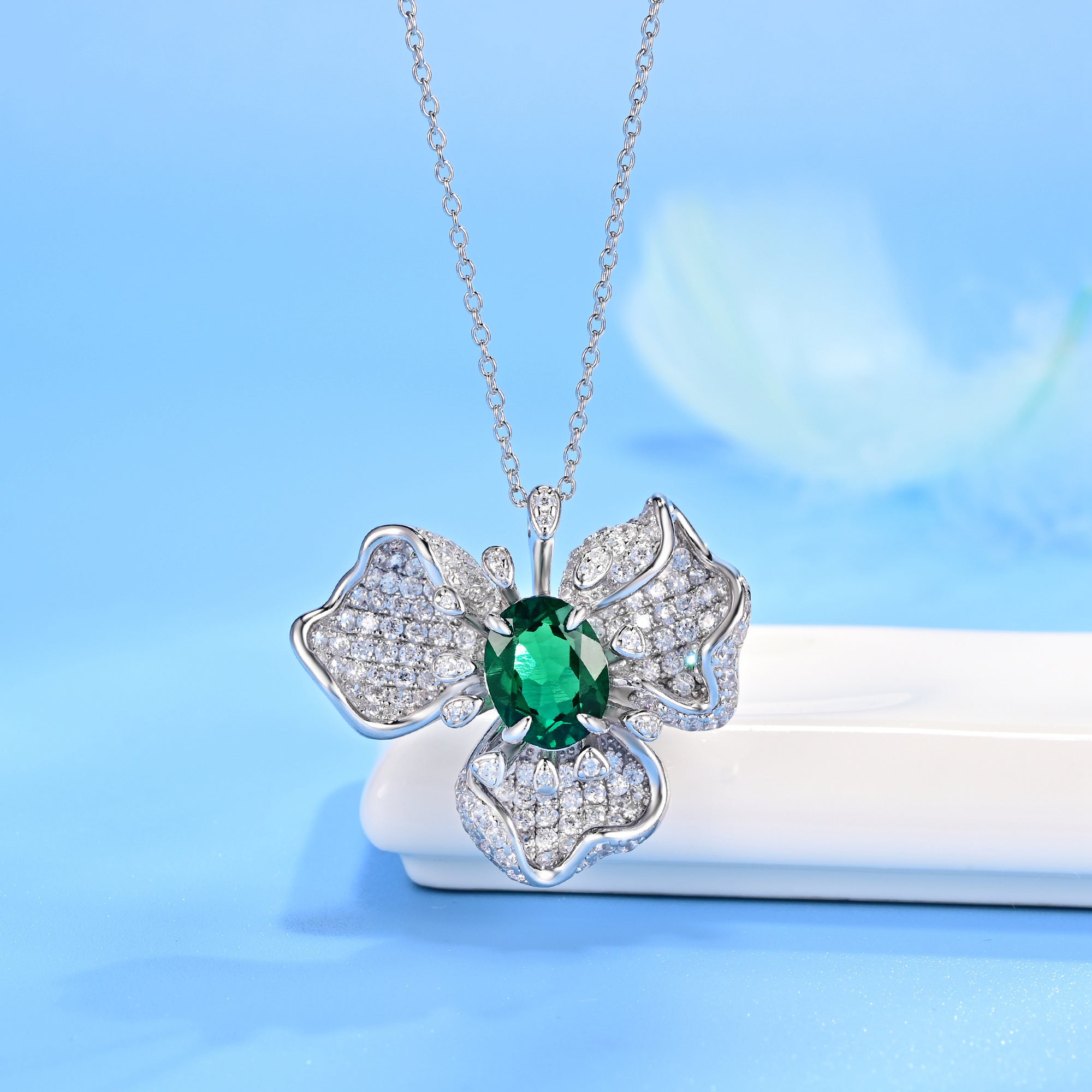 Lab-Grown Emerald - Round Emerald Diamond Floral Glow Pendant