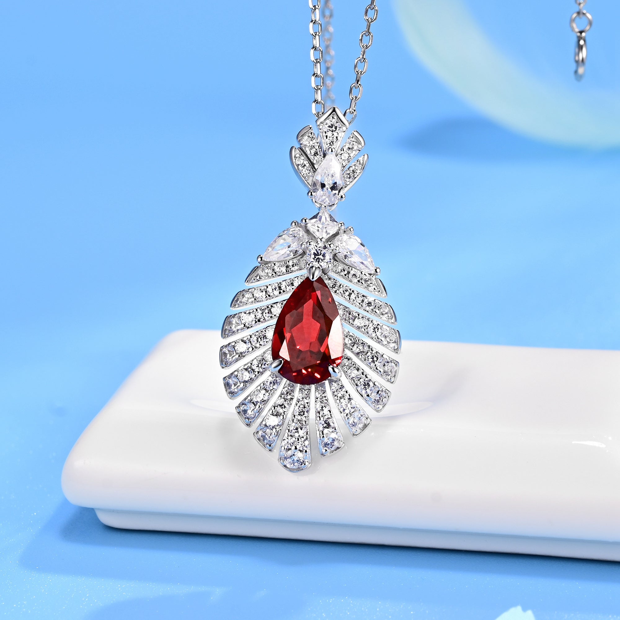 Lab-Grown Emerald - Dewy Emerald Diamond Feather Fan Pendant