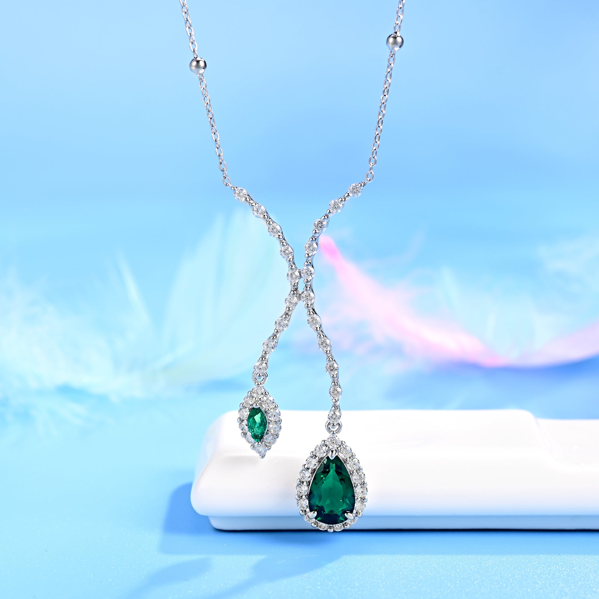 Lab-Grown Emerald - Dewy Emerald Diamond Double Drop Y-Necklace