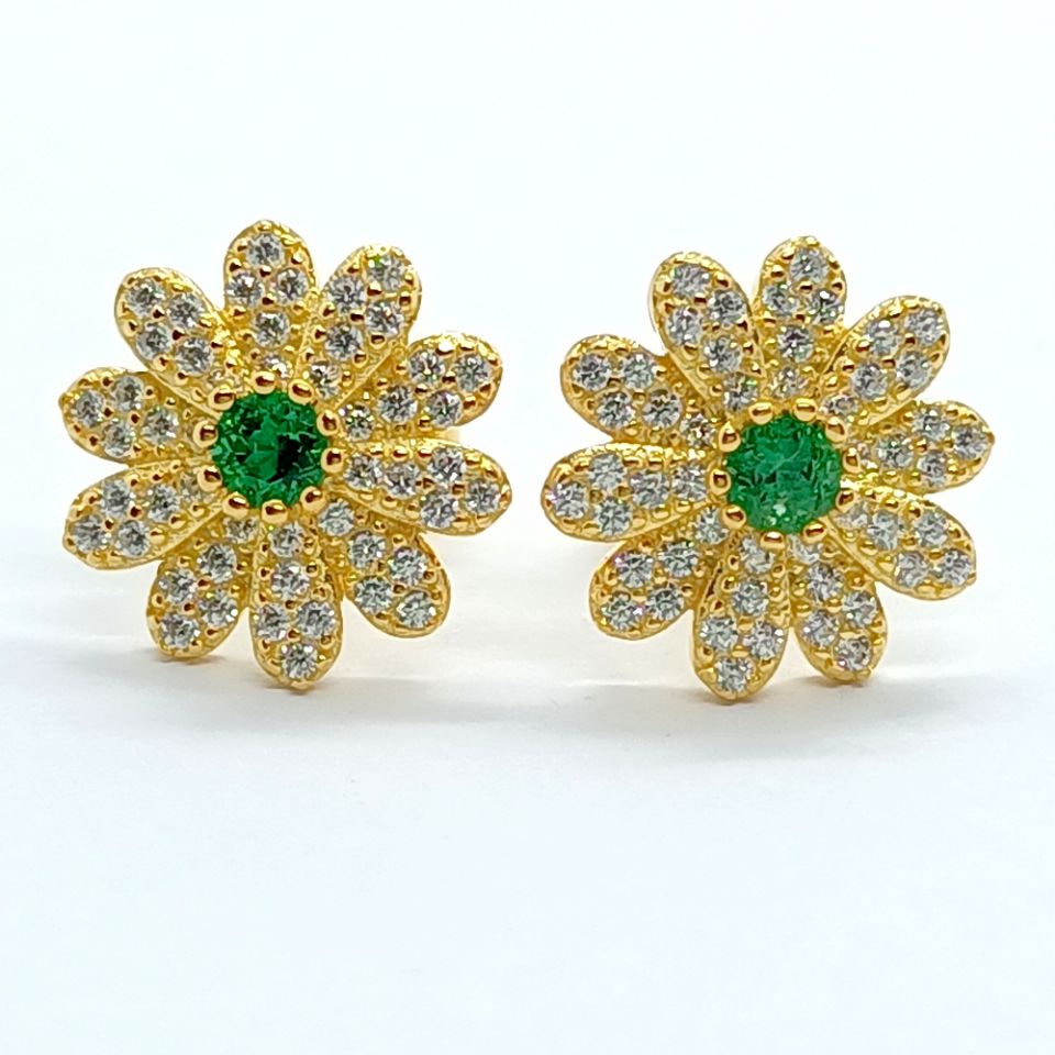 Morning Dew Among Flowers | Diamond Petals Emerald Center Earrings
