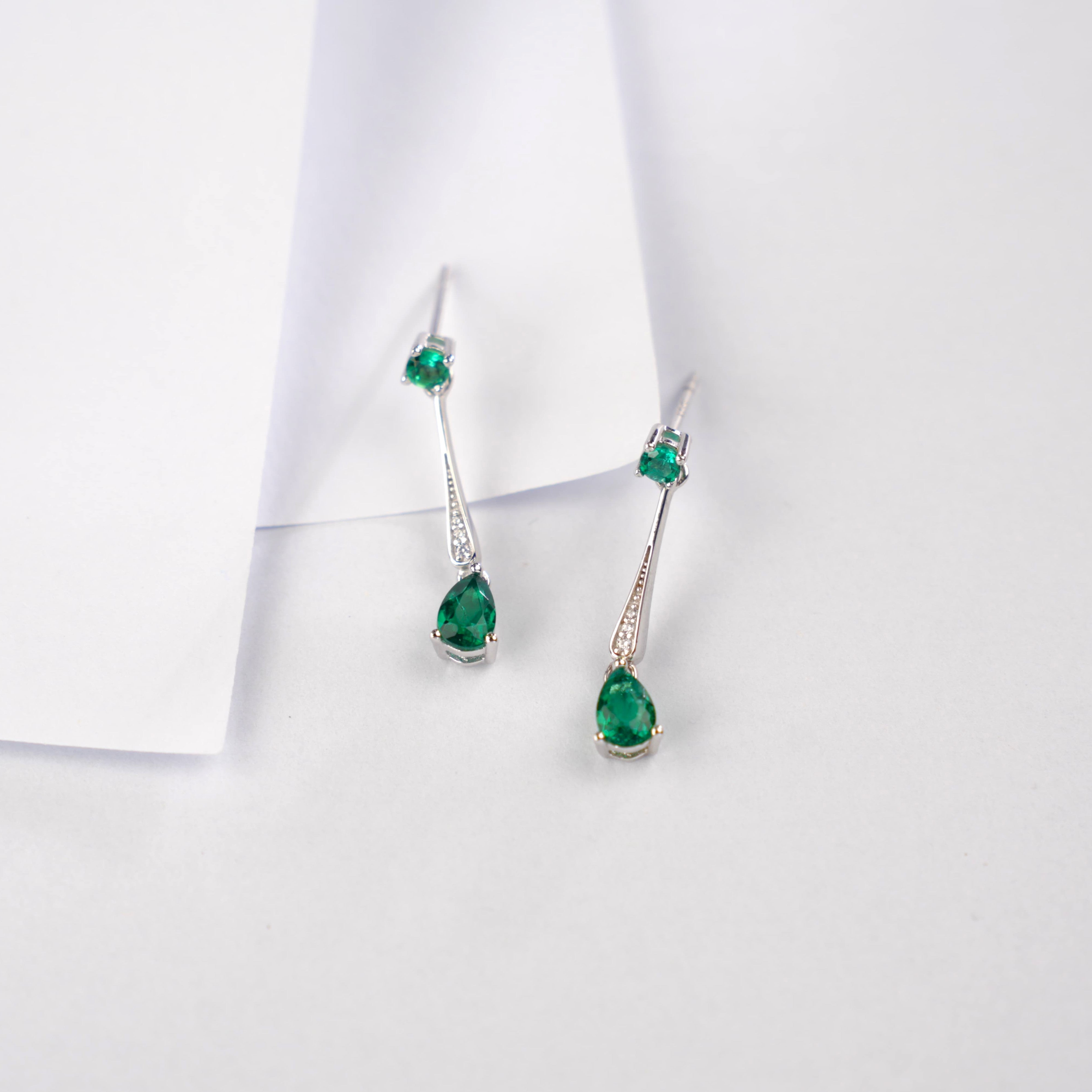 Green Sway | Long Drop Double Emerald Diamond Ear Threads