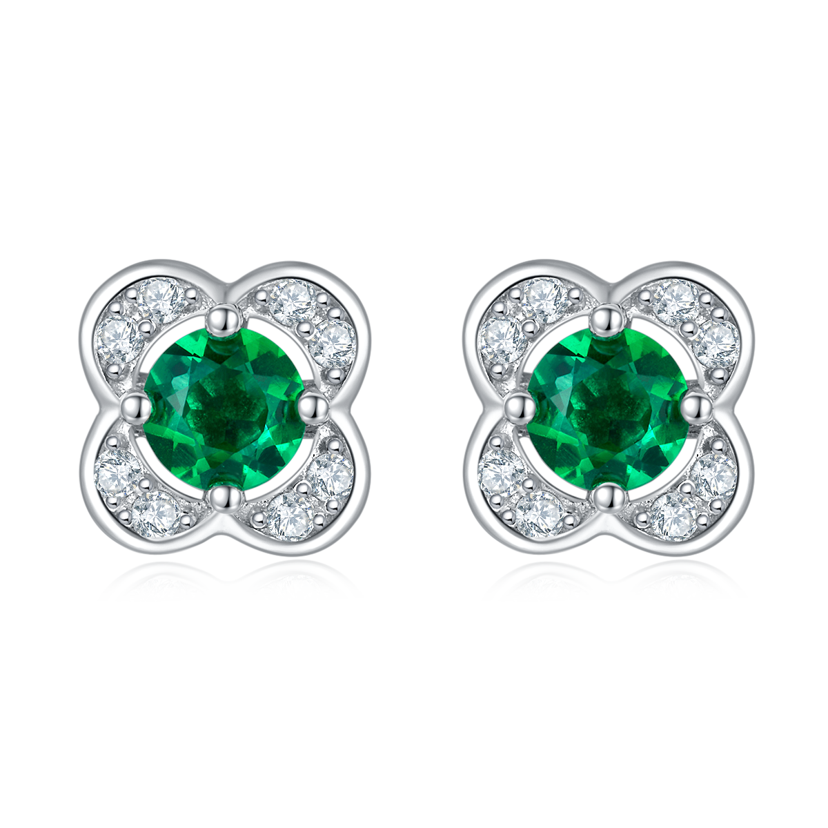Lucky Four-Leaf | Diamond Cluster Round Lab-Created Emerald Ear Studs