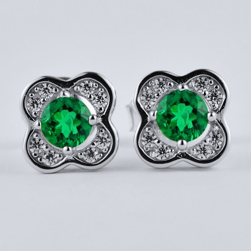 Lucky Four-Leaf | Diamond Cluster Round Lab-Created Emerald Ear Studs