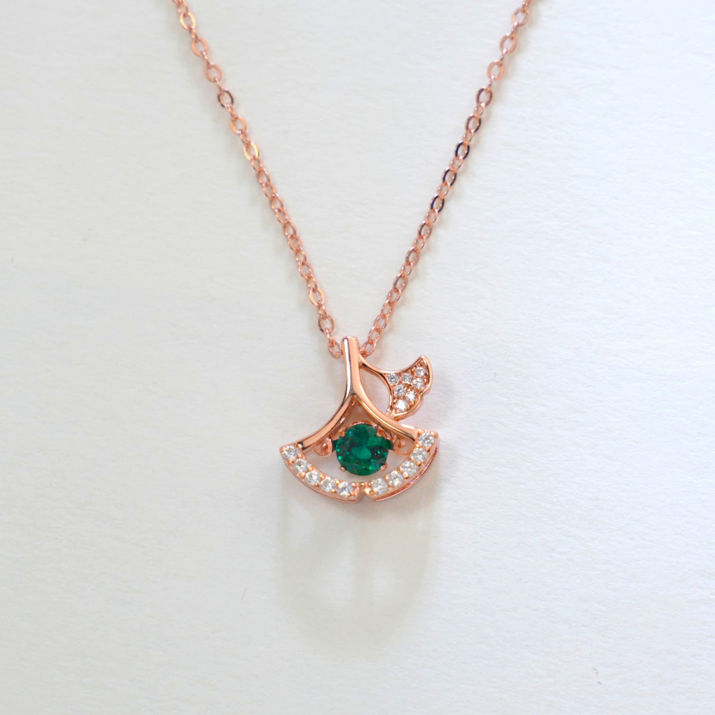Arc of Green Whispers | Rose Gold Diamond Halo Emerald Pendant