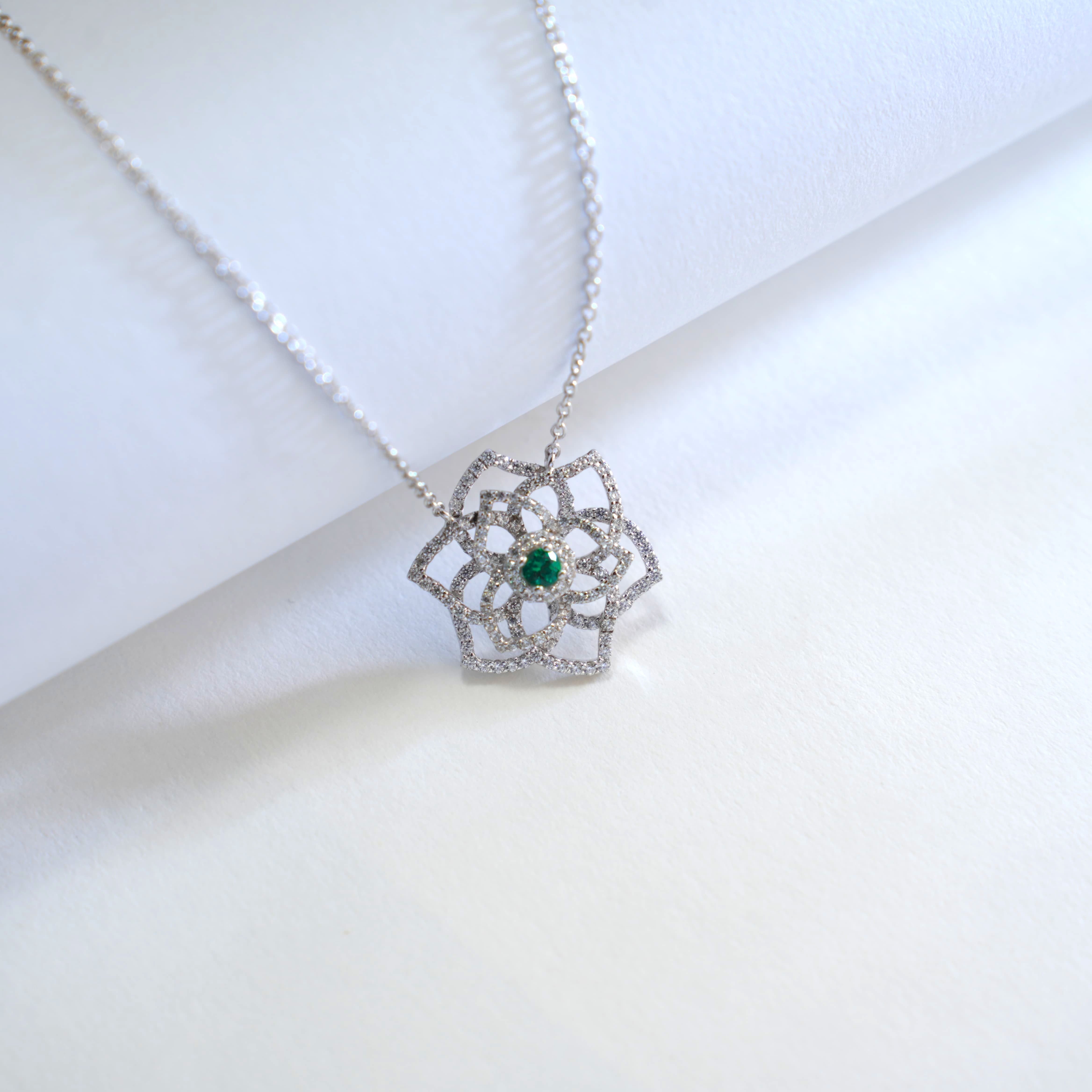 Morning Dew Among Flowers | Diamond Petals Emerald Blossom Necklace