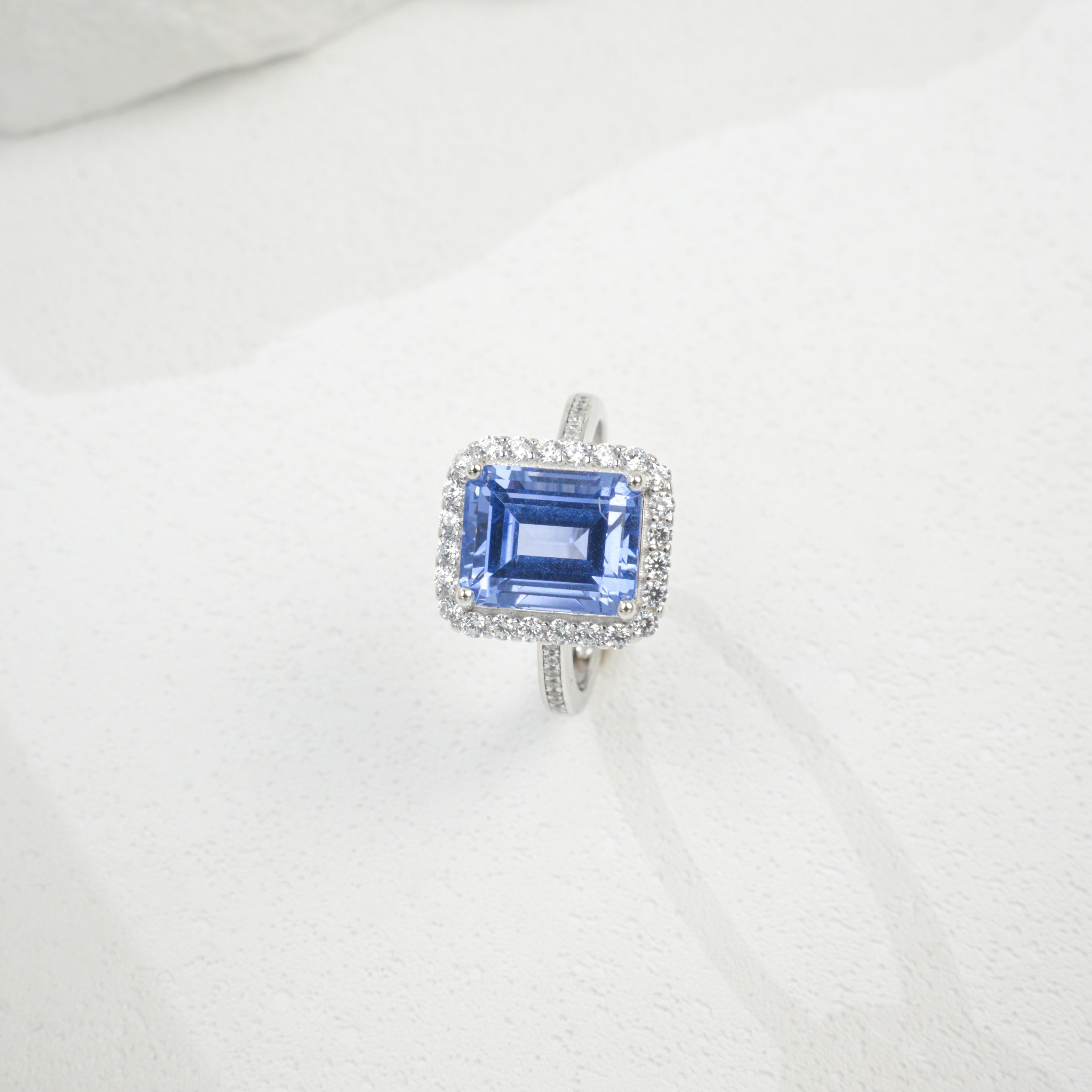 Lab-Grown Sapphire - Diamond-Halo Square Court Deep Blue Ring