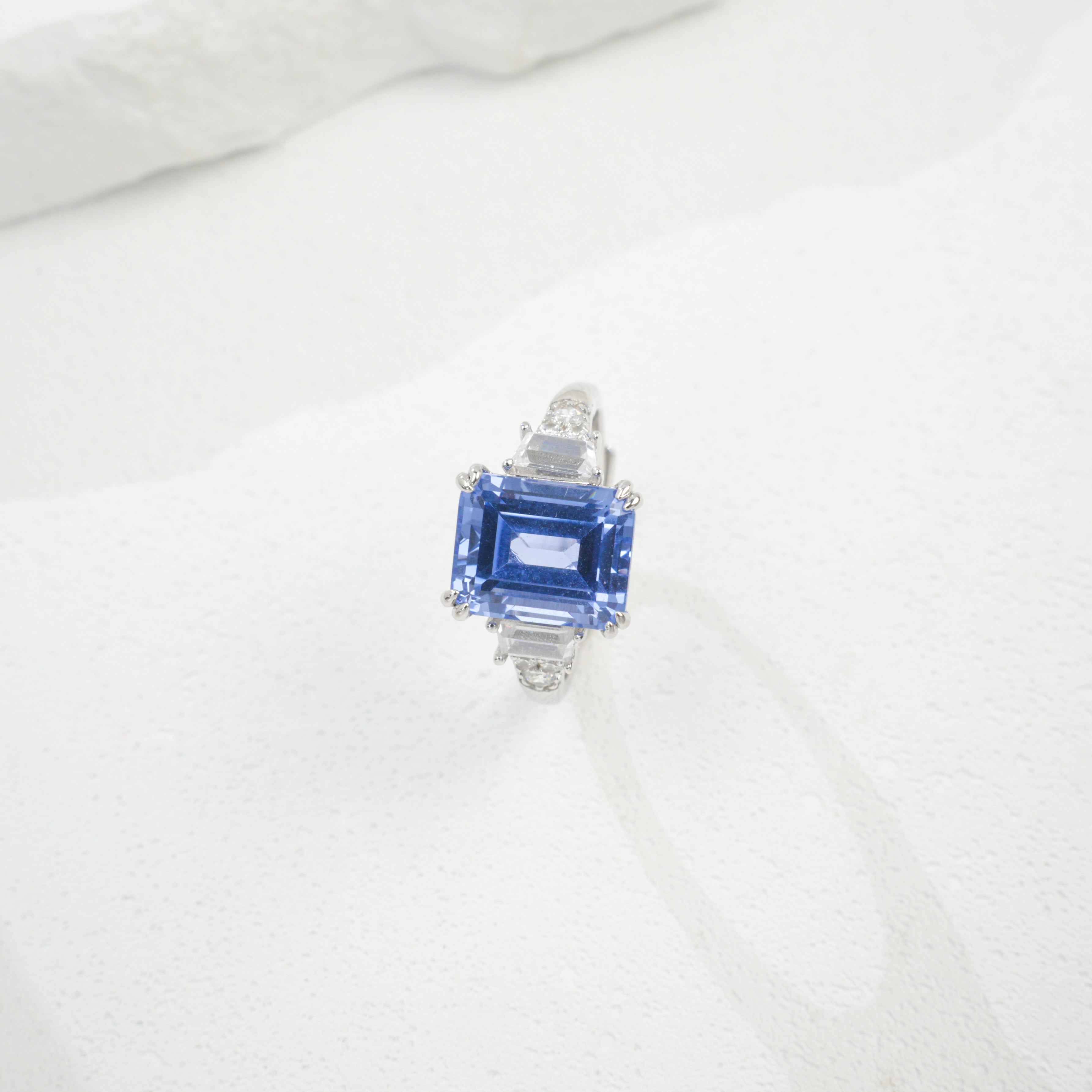 Lab-Grown Sapphire - Diamond-Halo Square Court Deep Blue Ring