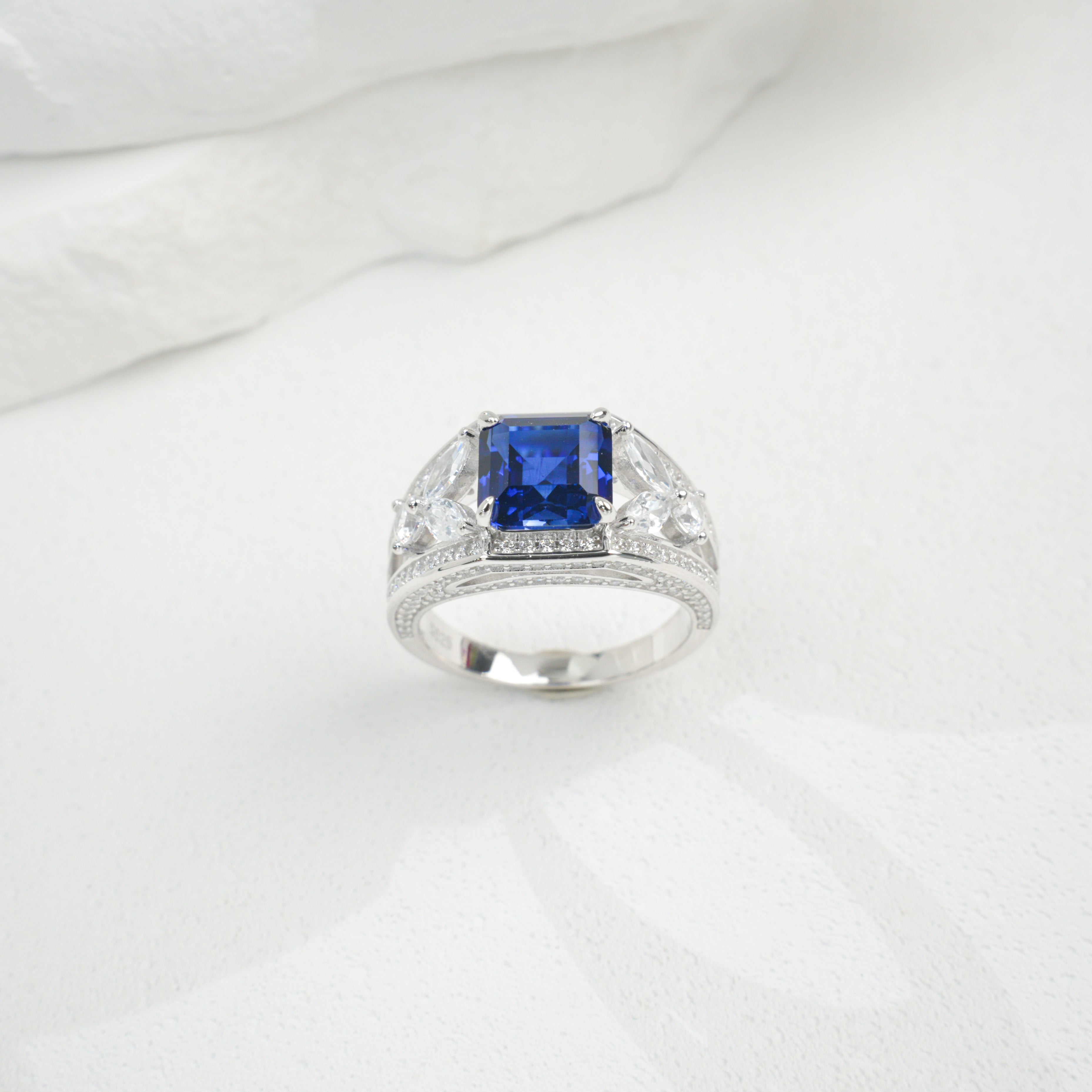 Lab-Grown Padparadscha - Diamond-Halo Rosy Square Soft Crimson Ring