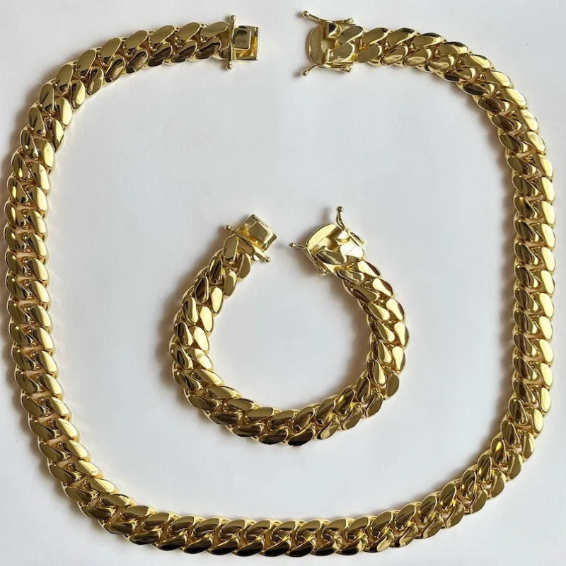 12mm Cuban chain and bracelet set, 18K Gold