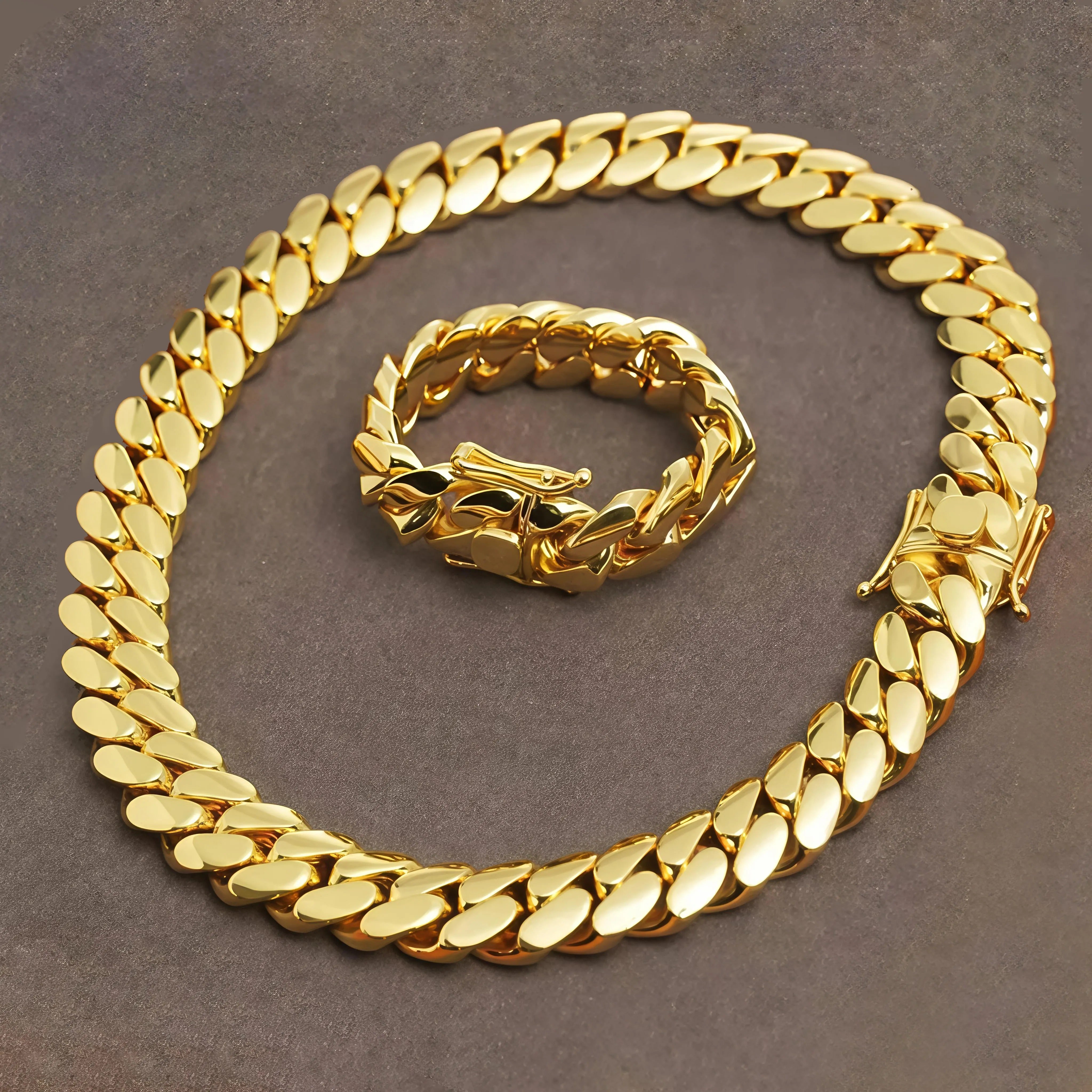 12mm Cuban chain and bracelet set, 18K Gold