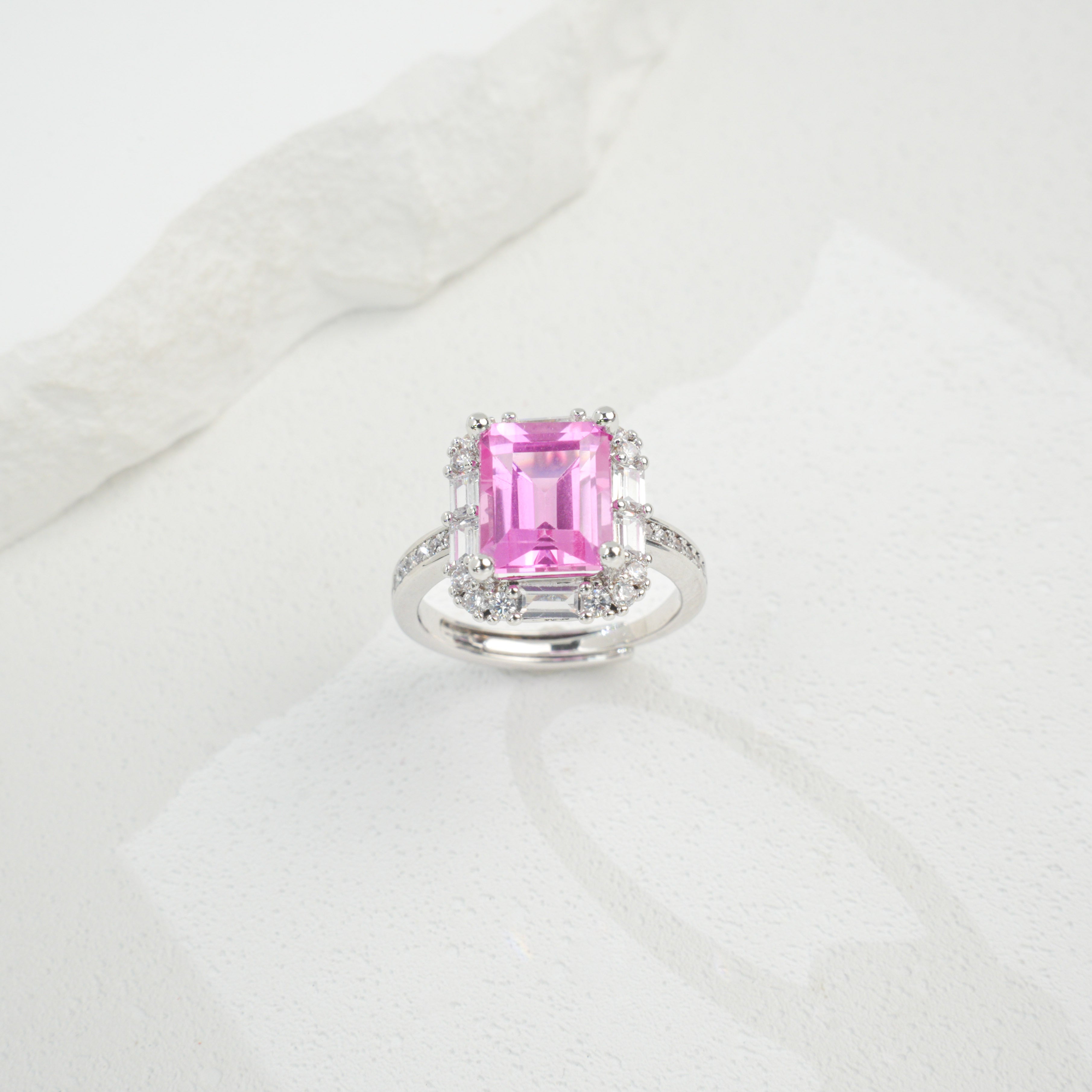 Lab-Grown Padparadscha - Square Crimson Diamond Cluster Streaming Light Ring