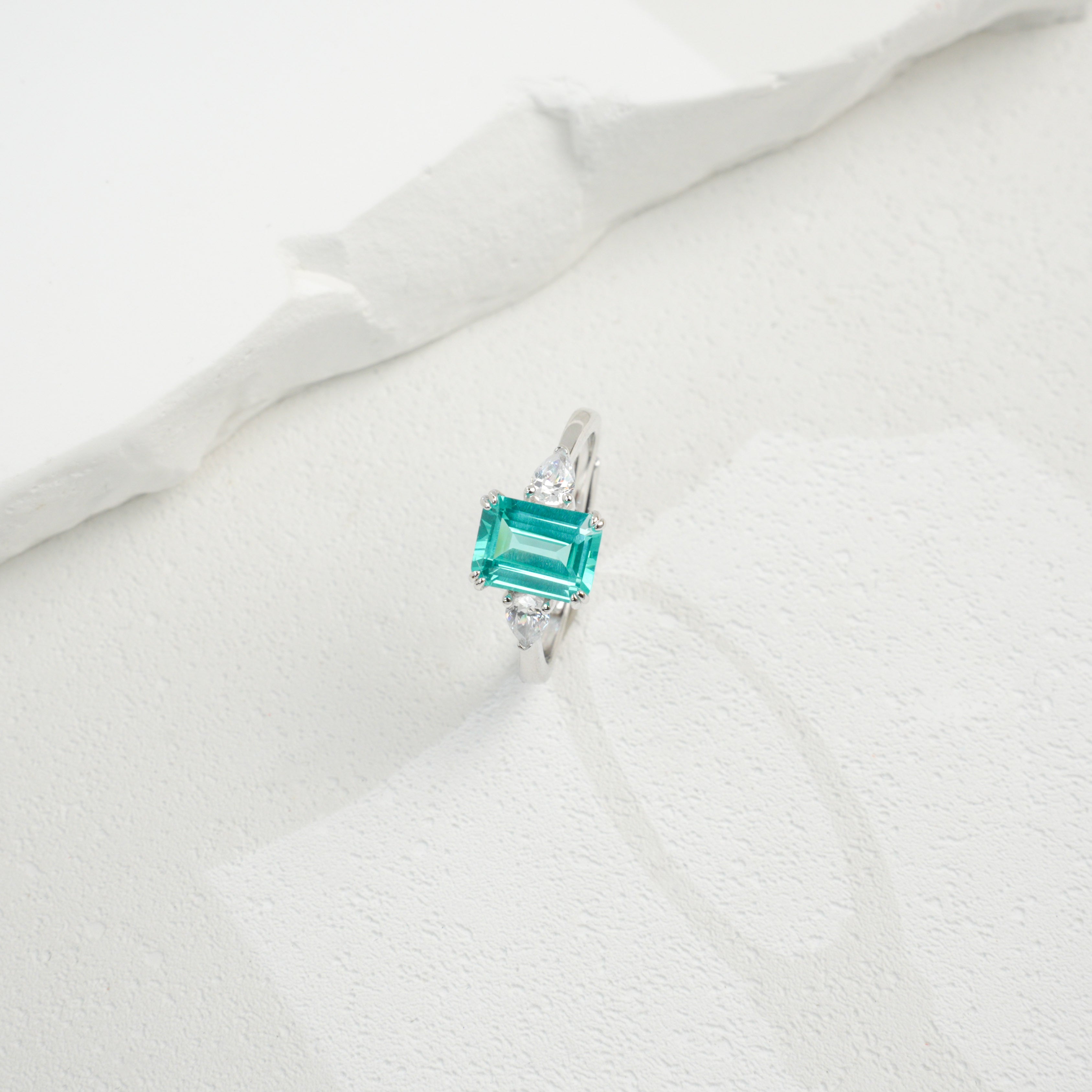 Lab-Grown Paraiba - Square Rippling Aquamarine Side-Stone Ring