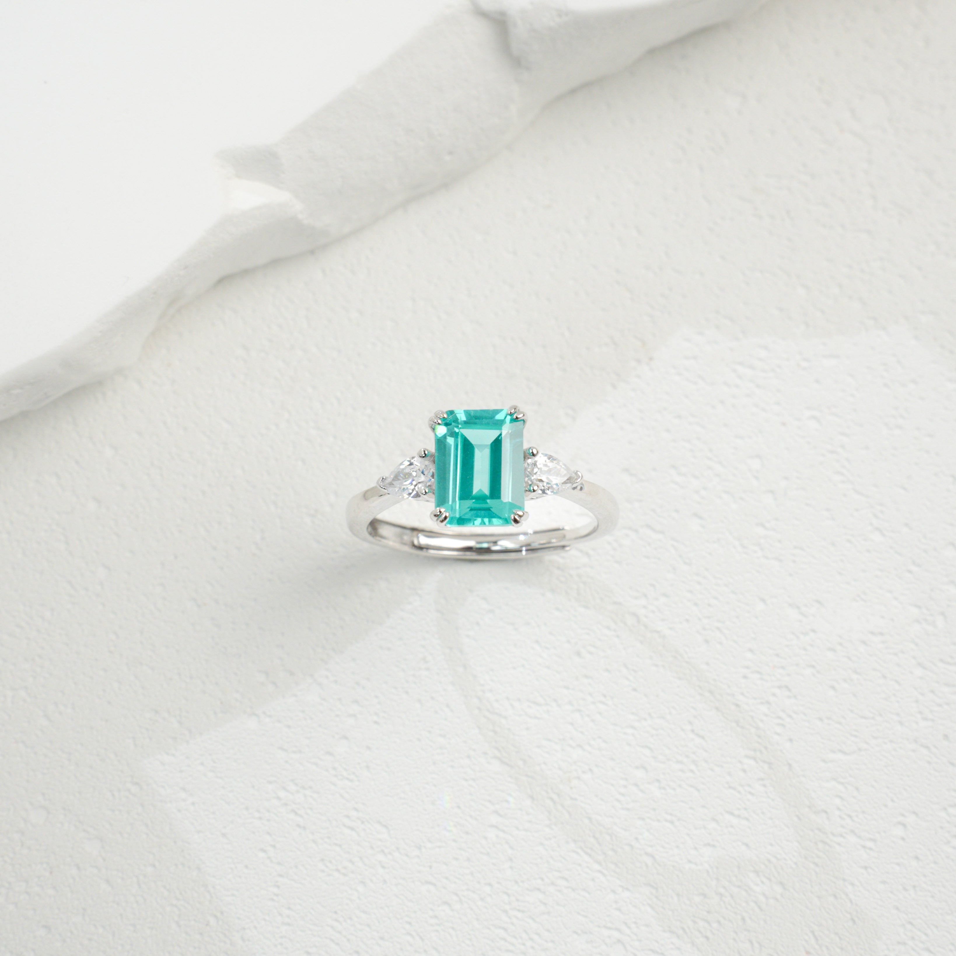 Lab-Grown Paraiba - Square Rippling Aquamarine Side-Stone Ring